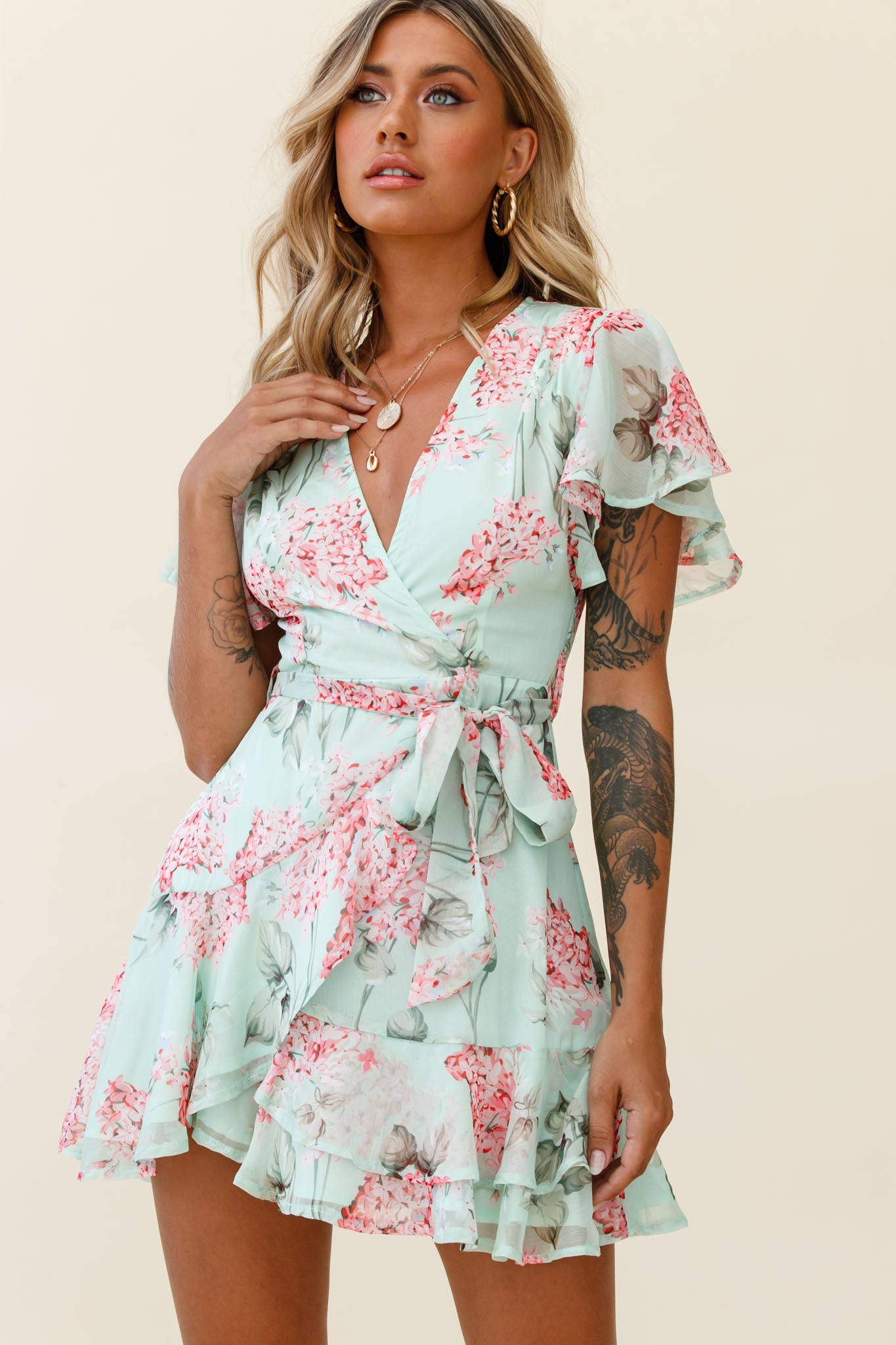 Cami Angel Sleeve Faux Wrap Dress Hydrangea Print Mint/Pink-Maymioy