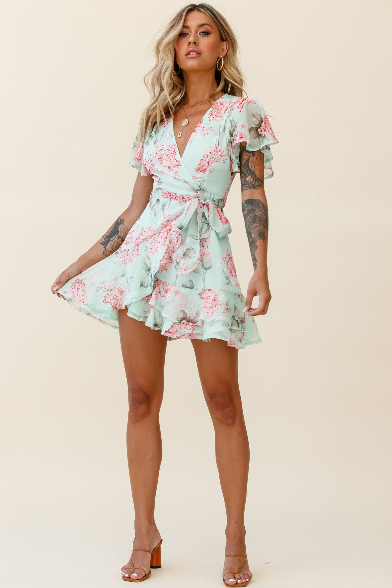 Cami Angel Sleeve Faux Wrap Dress Hydrangea Print Mint/Pink-Maymioy
