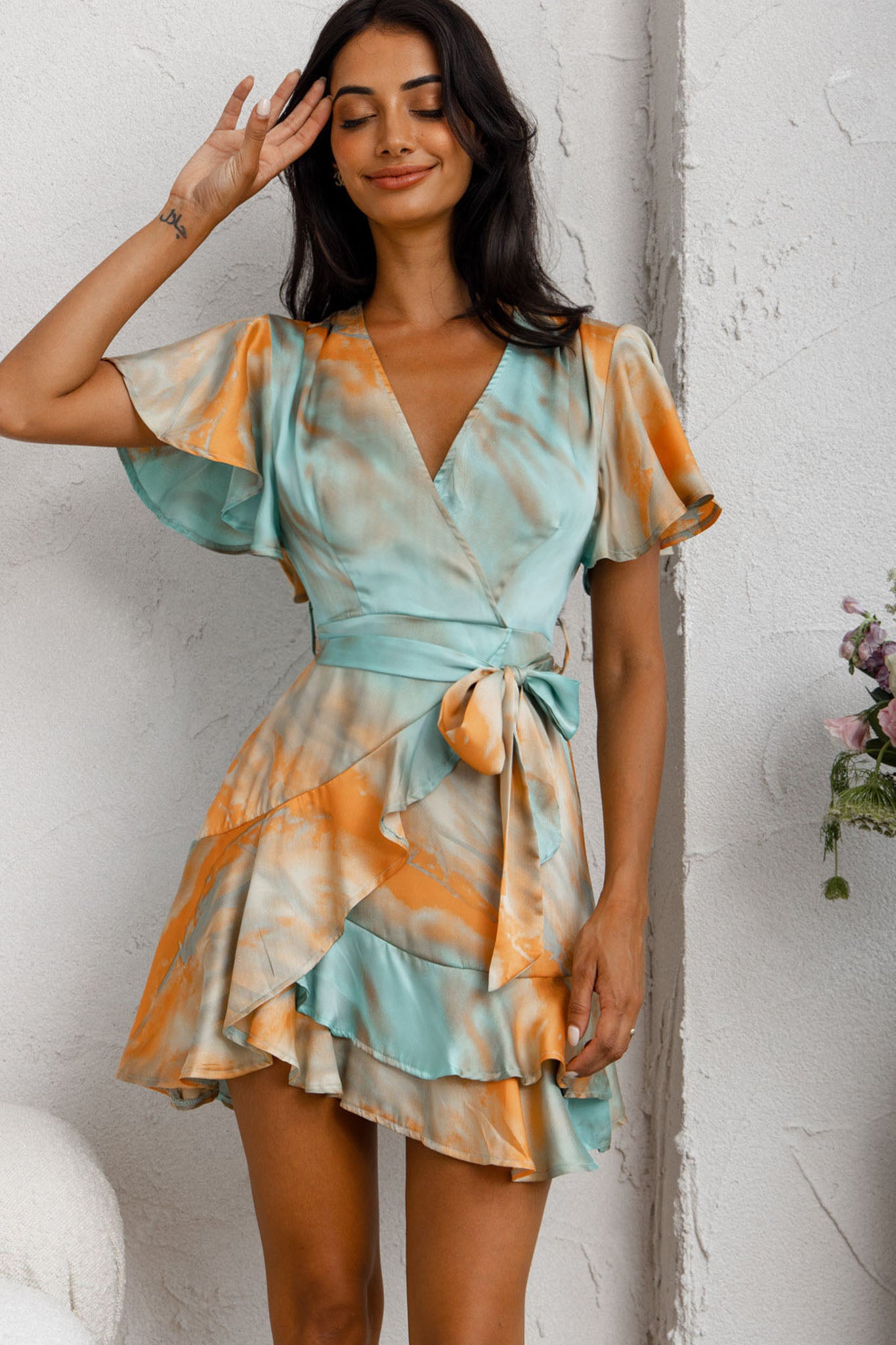 Cami Angel Sleeve Faux Wrap Dress Tie-Dye Print Aqua/Orange-Maymioy