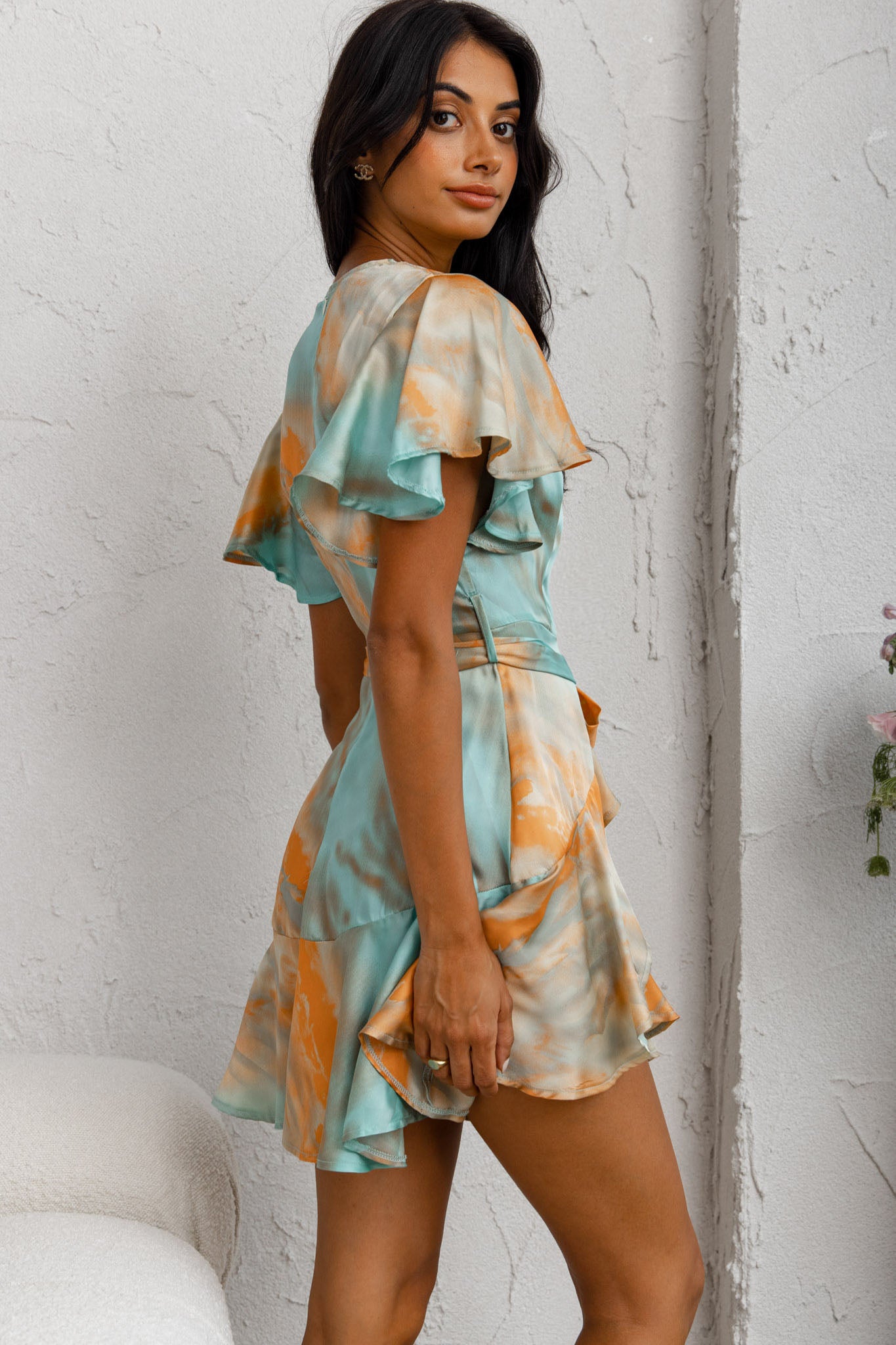 Cami Angel Sleeve Faux Wrap Dress Tie-Dye Print Aqua/Orange-Maymioy