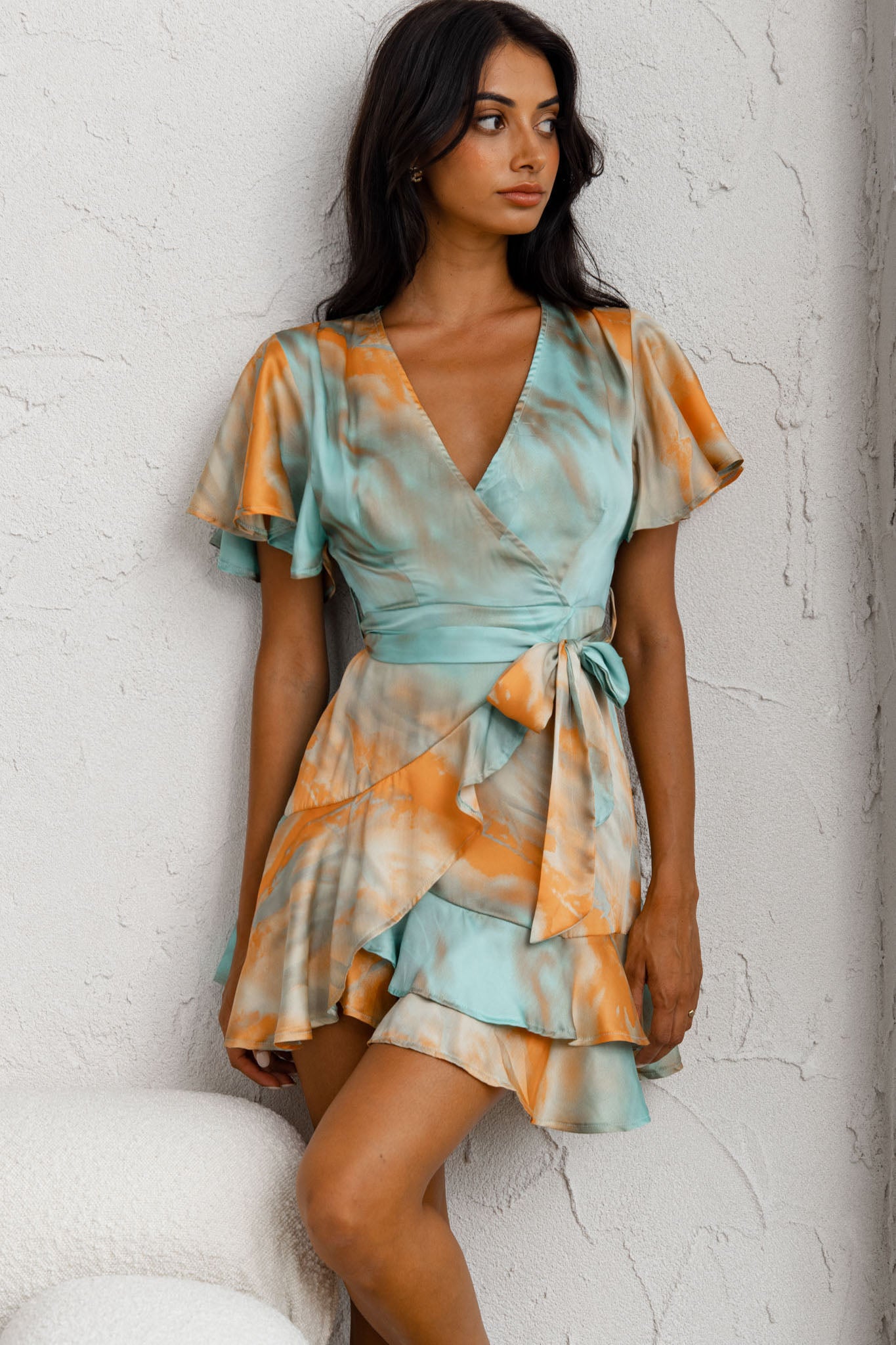 Cami Angel Sleeve Faux Wrap Dress Tie-Dye Print Aqua/Orange-Maymioy