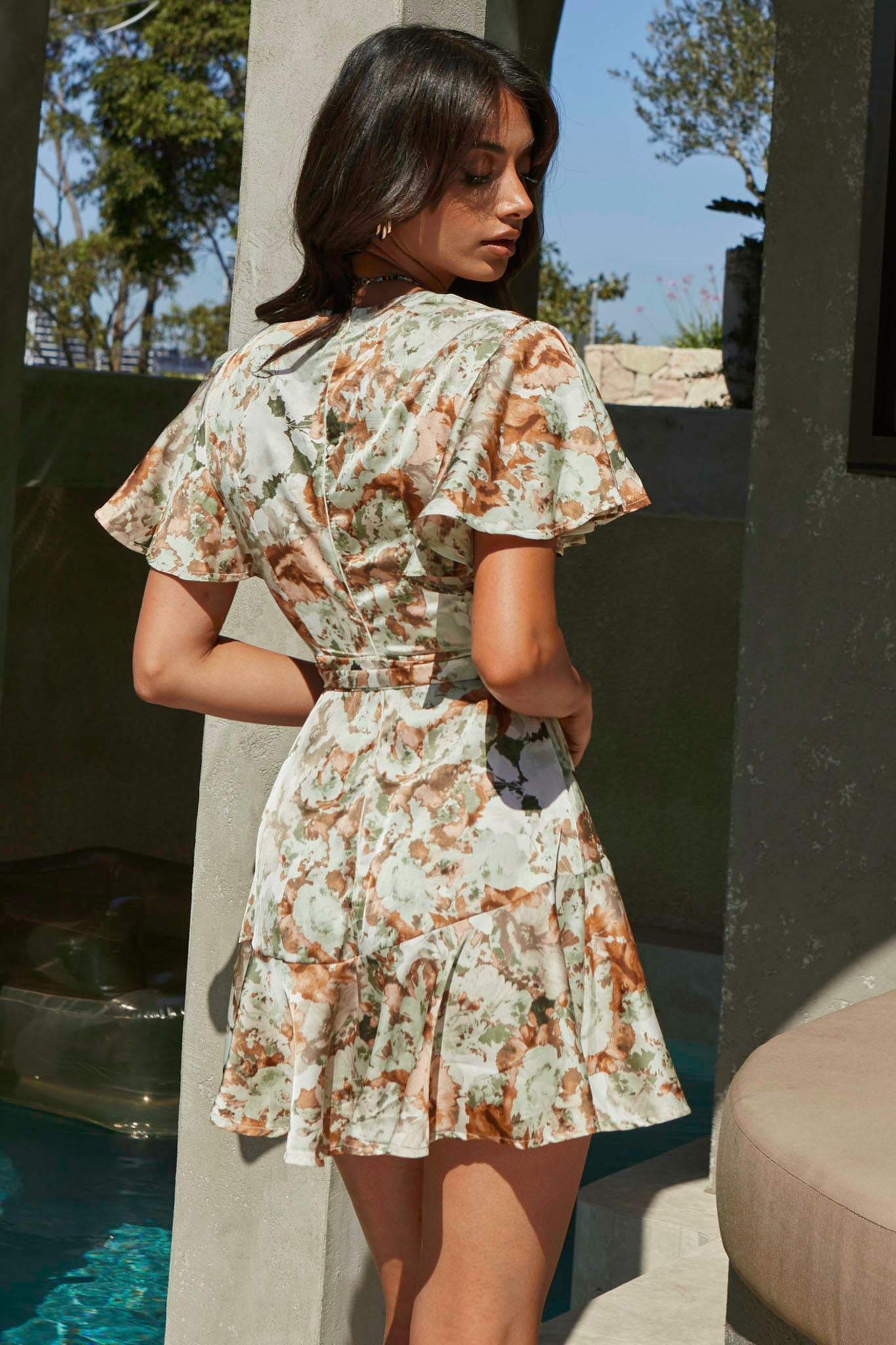 Cami Angel Sleeve Faux Wrap Dress Abstract Floral Print Sage-Maymioy
