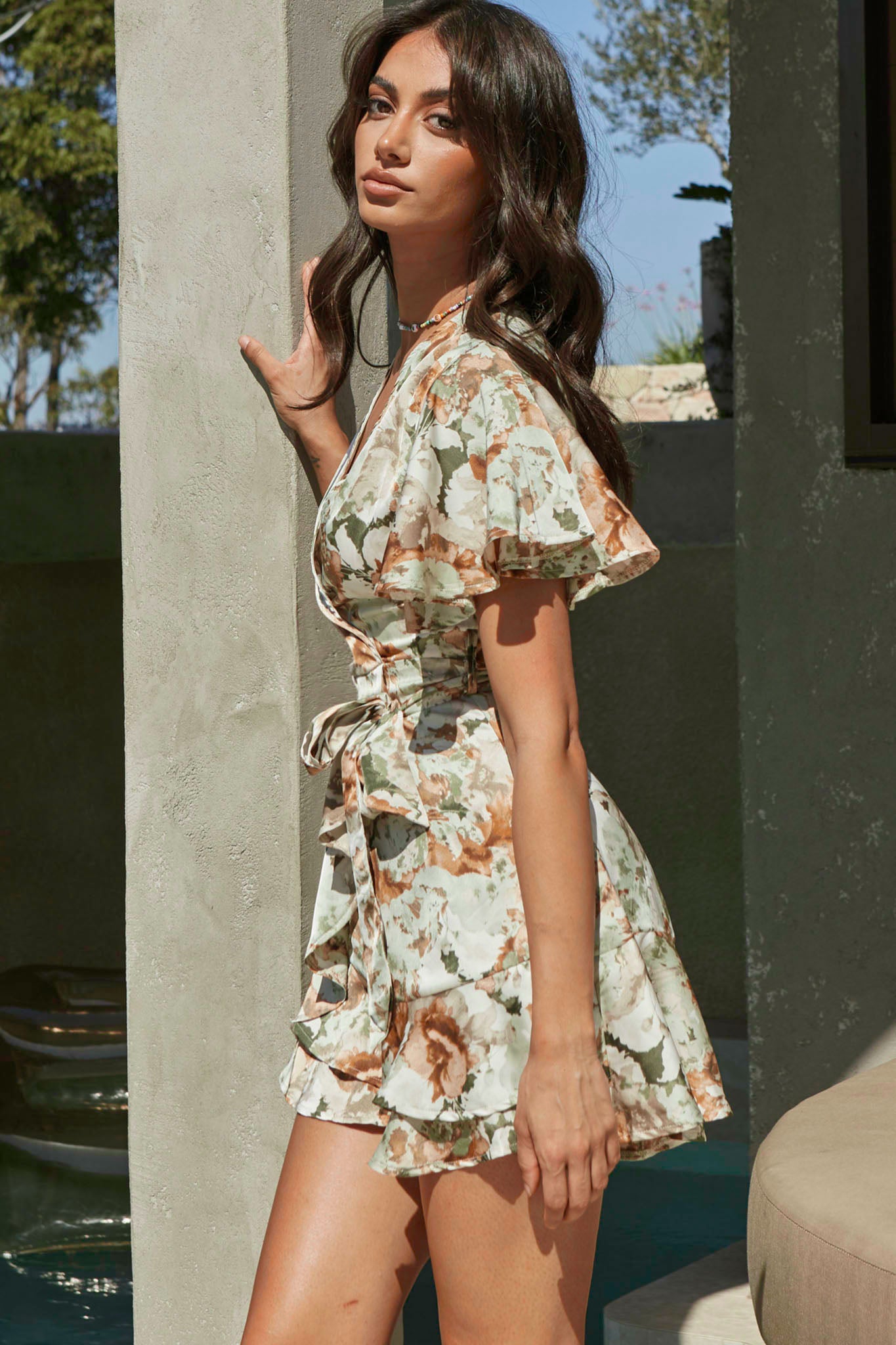 Cami Angel Sleeve Faux Wrap Dress Abstract Floral Print Sage-Maymioy