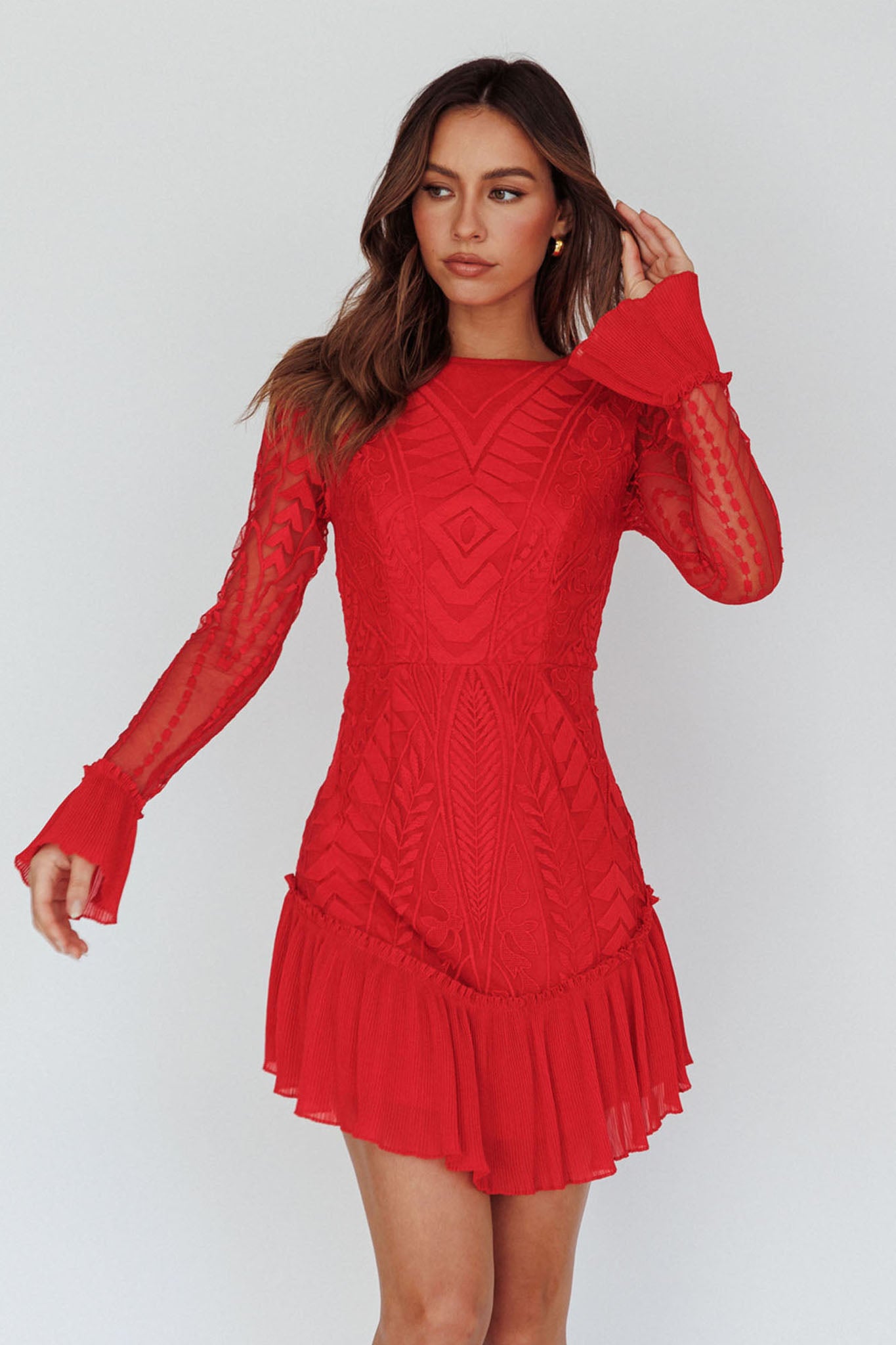 Dreamy Long Sleeve Mini Dress Red-Maymioy