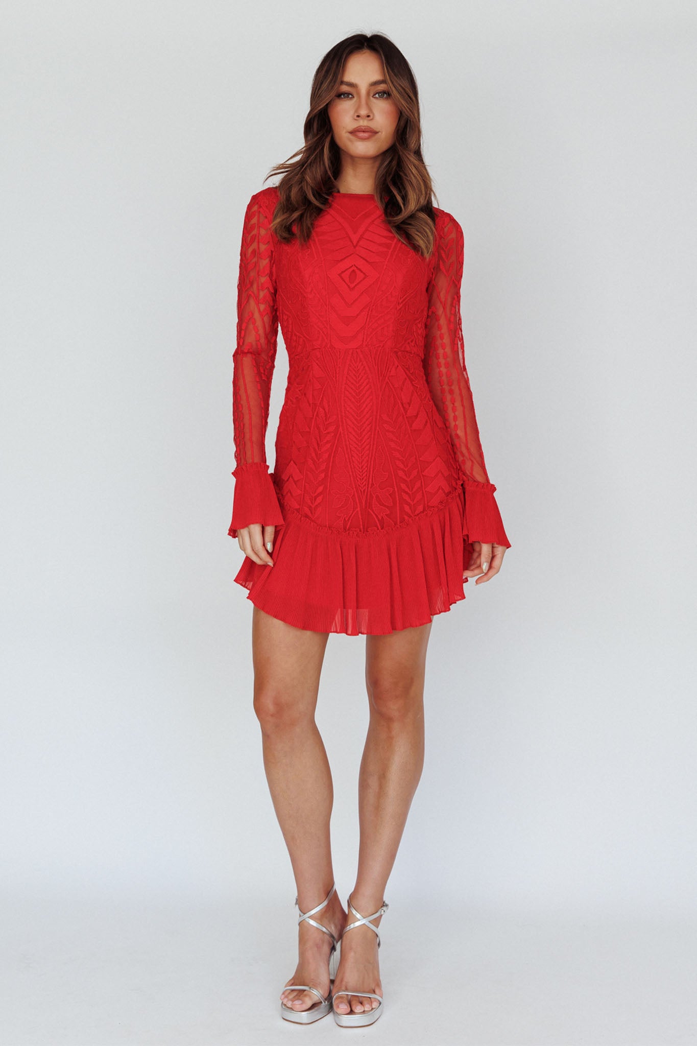 Dreamy Long Sleeve Mini Dress Red-Maymioy