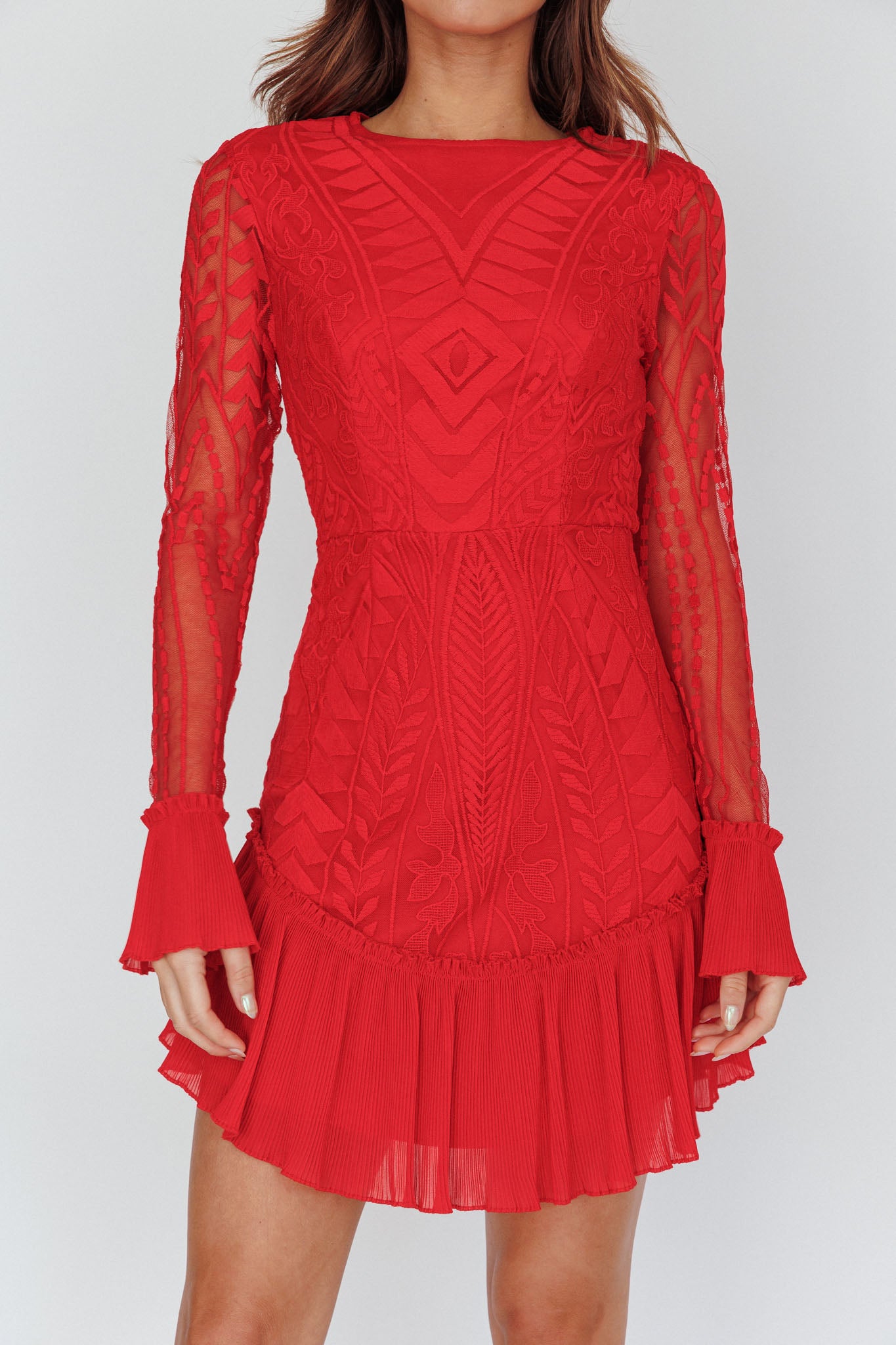 Dreamy Long Sleeve Mini Dress Red-Maymioy