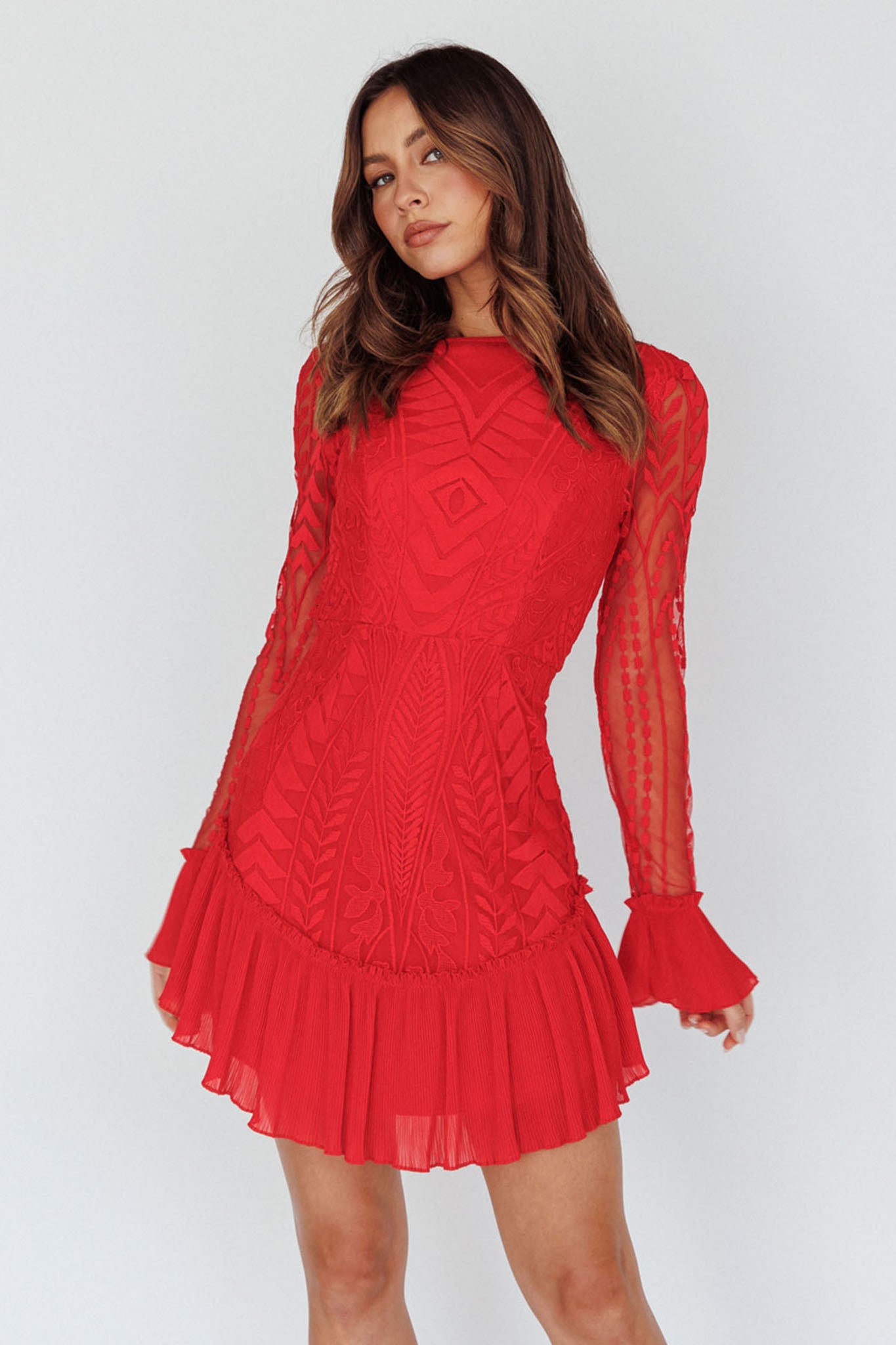 Dreamy Long Sleeve Mini Dress Red-Maymioy