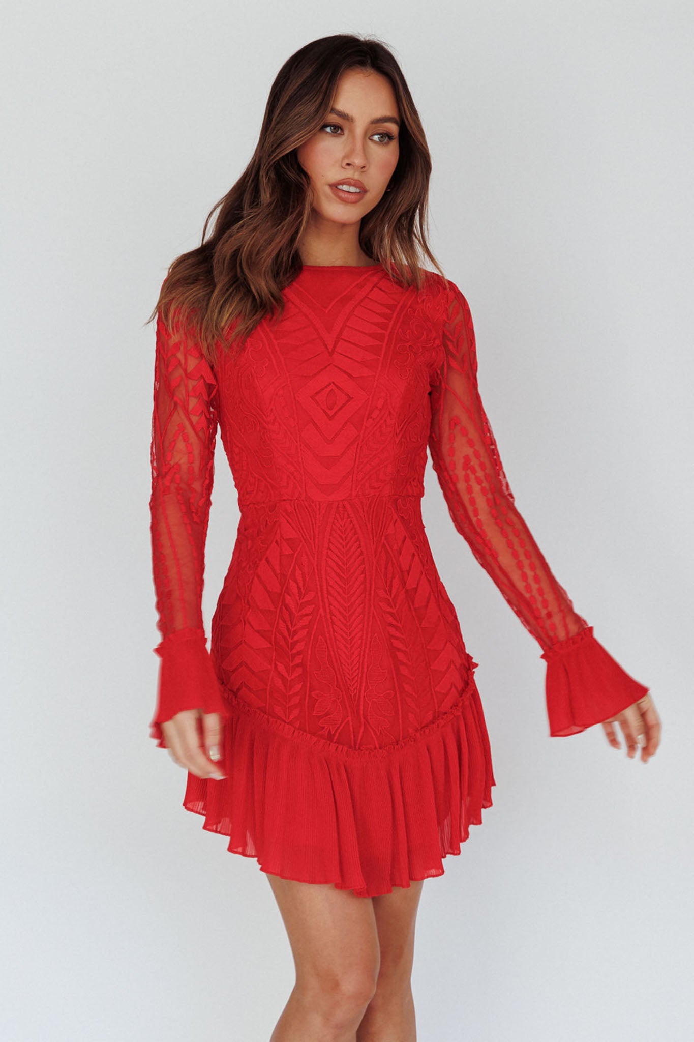 Dreamy Long Sleeve Mini Dress Red-Maymioy