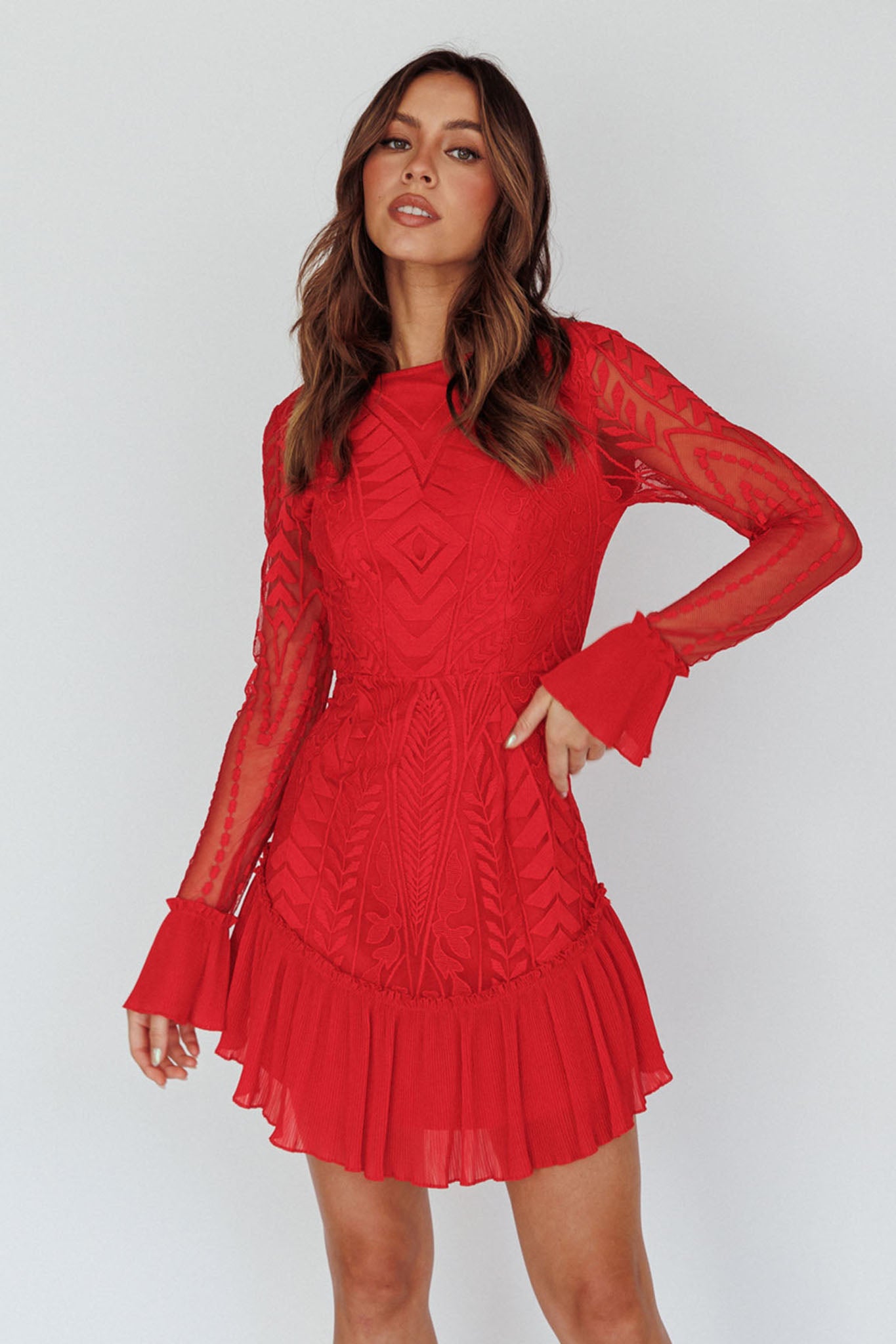 Dreamy Long Sleeve Mini Dress Red-Maymioy