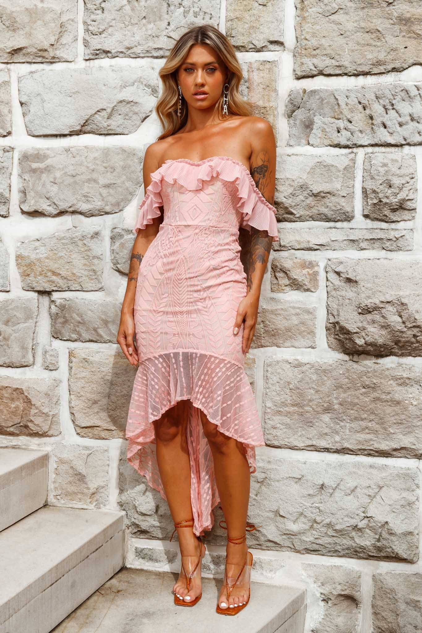 Dreamy Off-Shoulder High-Low Hem Dress Blush-Maymioy