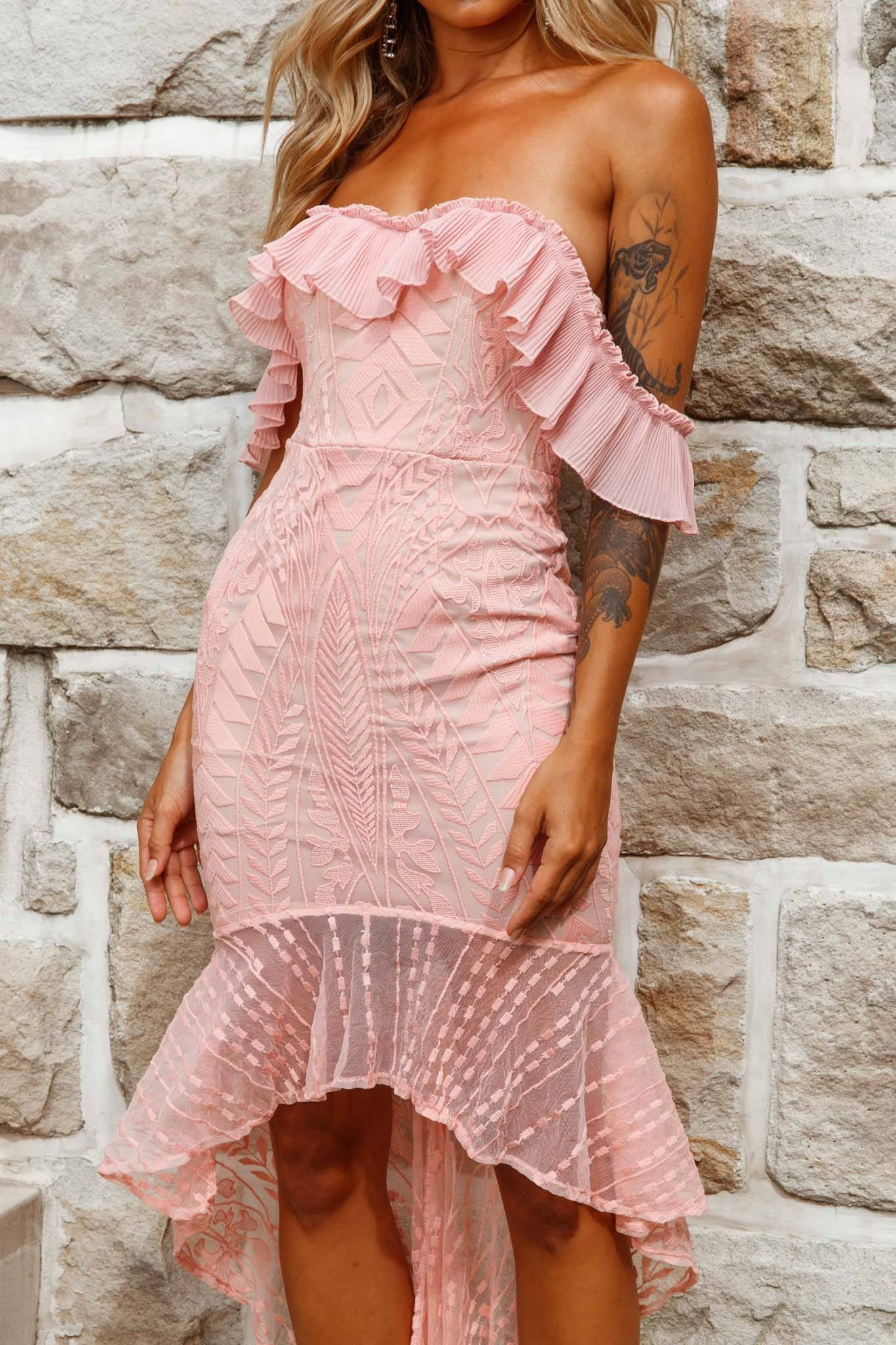 Dreamy Off-Shoulder High-Low Hem Dress Blush-Maymioy