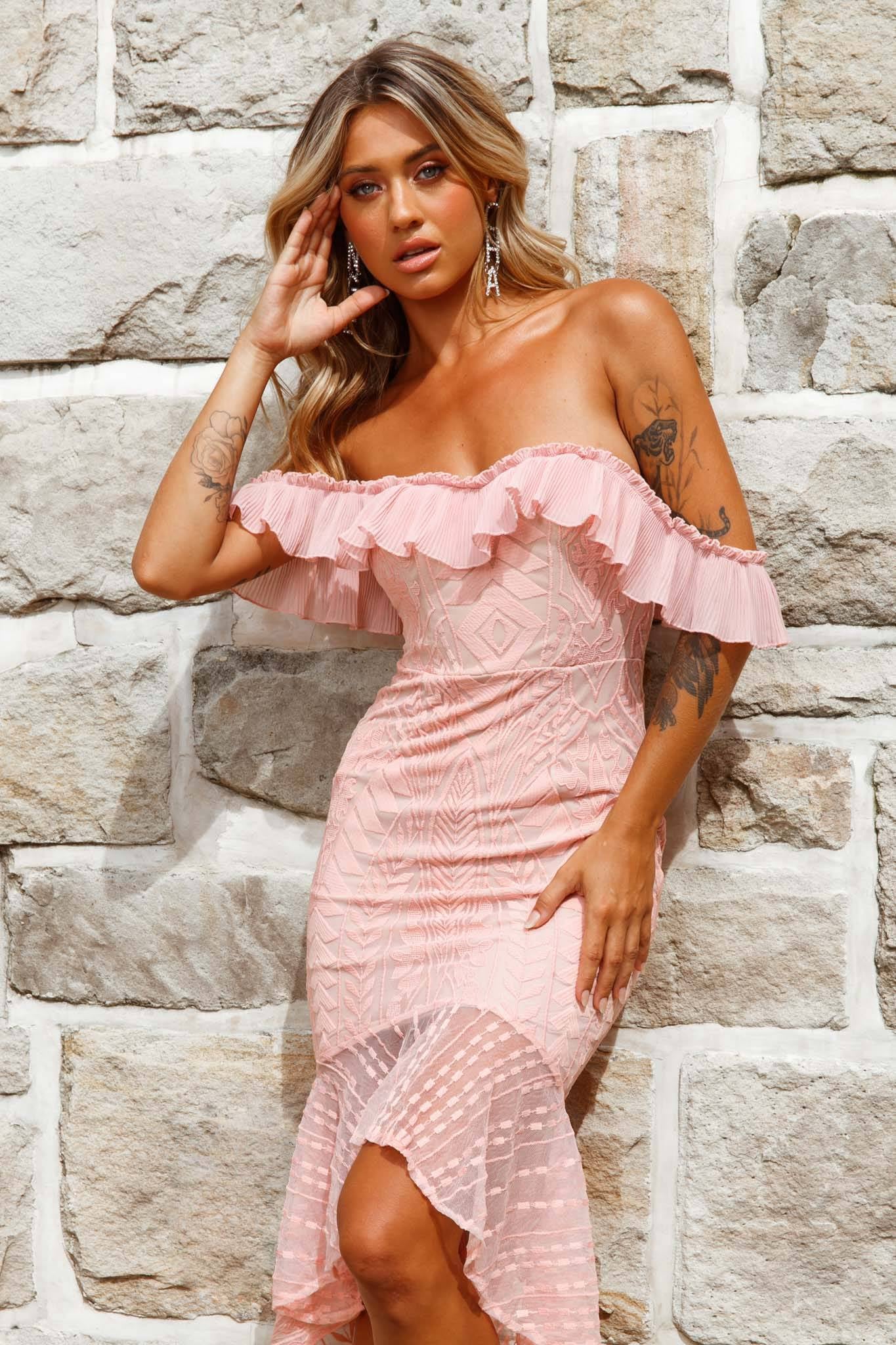 Dreamy Off-Shoulder High-Low Hem Dress Blush-Maymioy