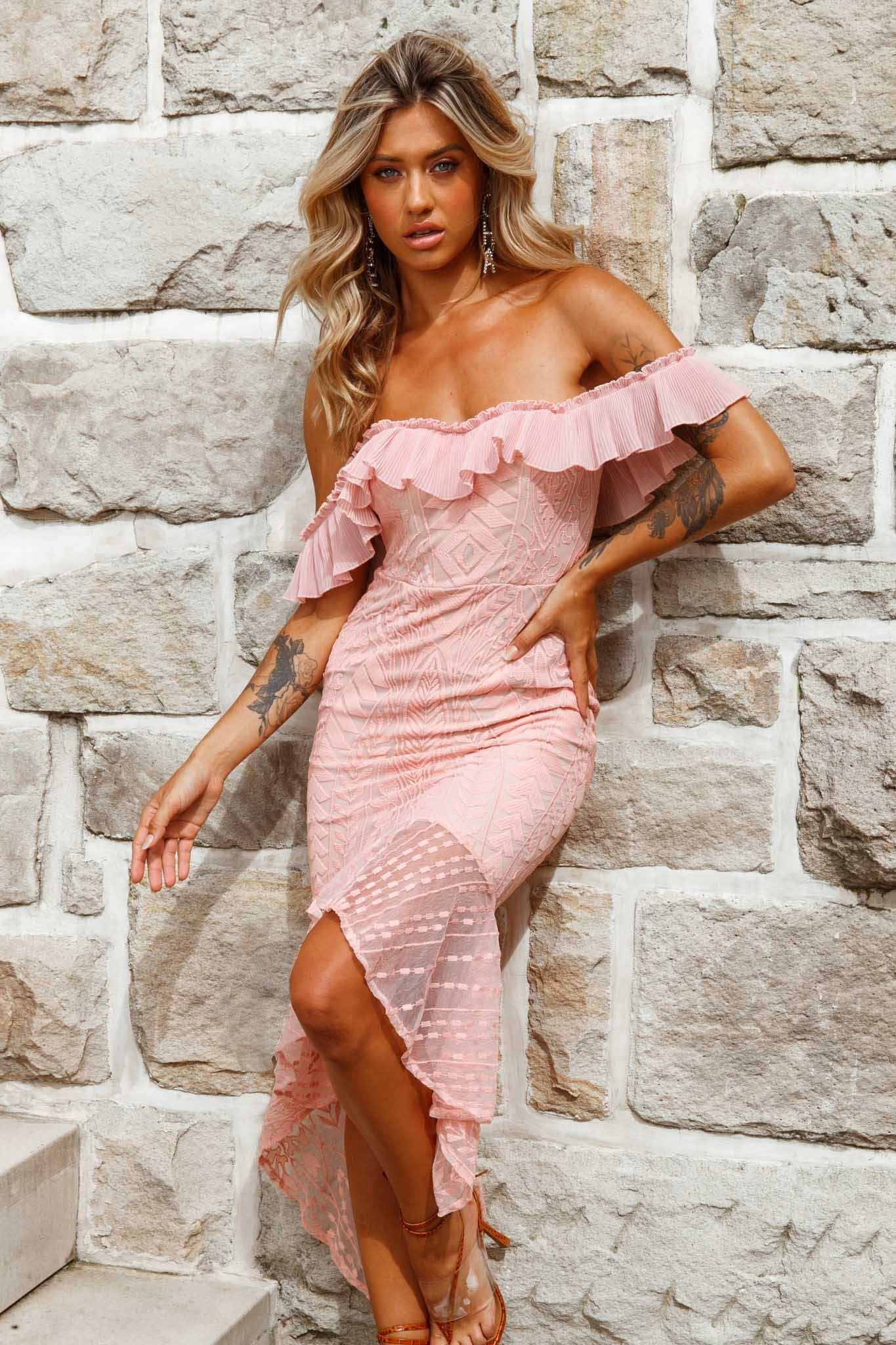 Dreamy Off-Shoulder High-Low Hem Dress Blush-Maymioy