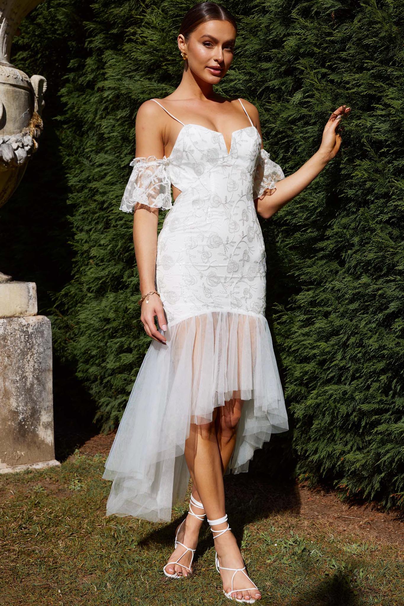Dreamy Removable Sleeve Sequin Dress White-Maymioy