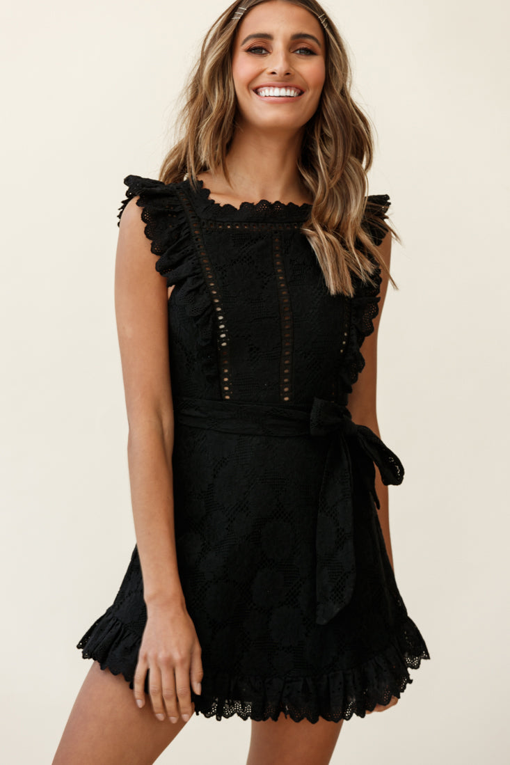 Prairie Crochet Frill Dress Black-Maymioy