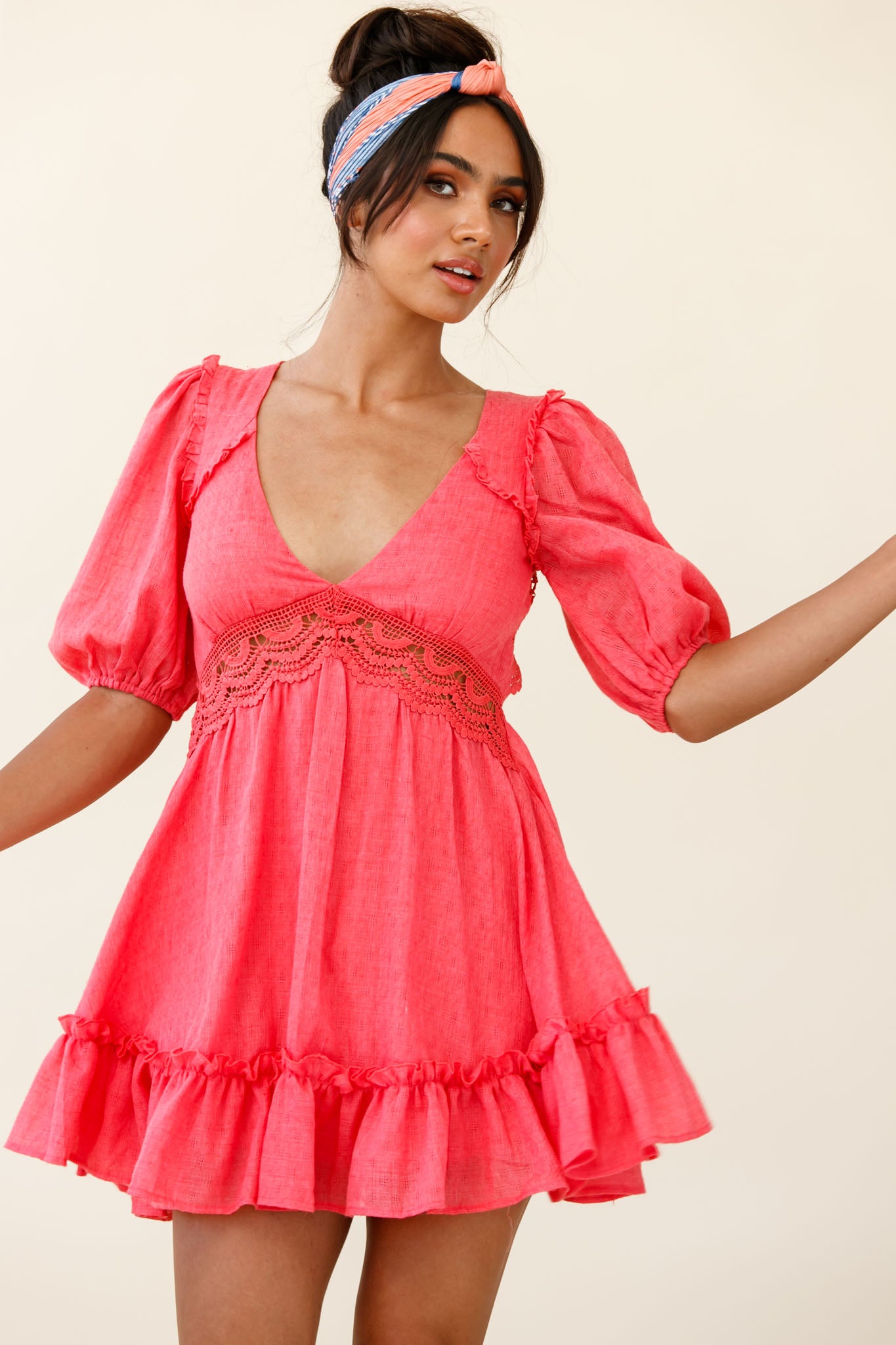 Everleigh Milkmaid Sleeve Exposed Back Dress Coral-Maymioy