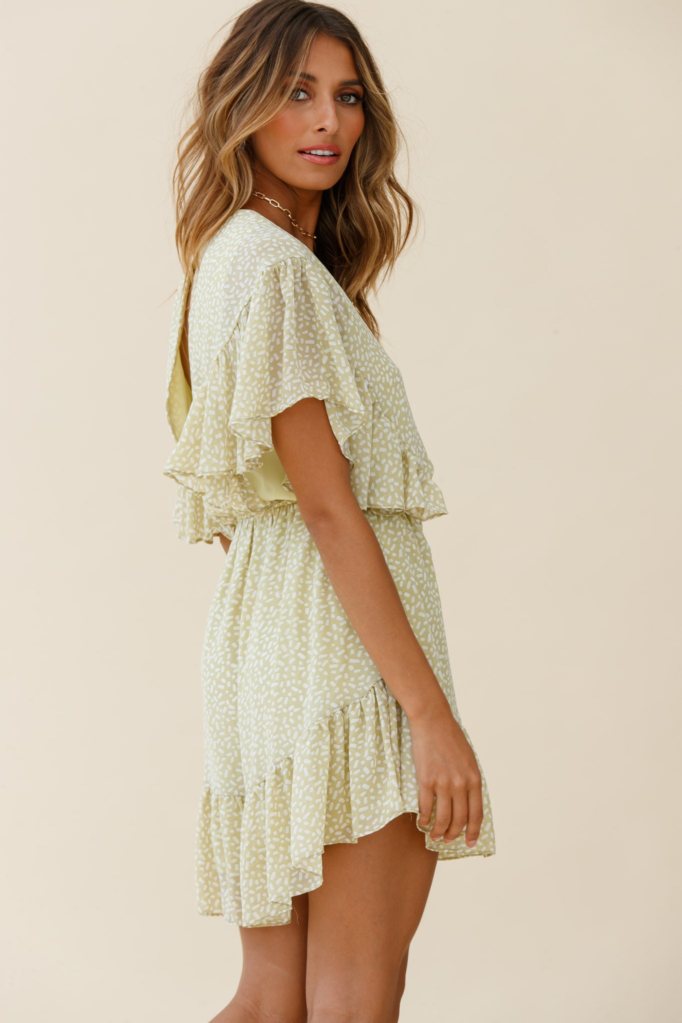 Esme V-Neckline Drawstring Waist Dress Sprinkle Print Lime-Maymioy