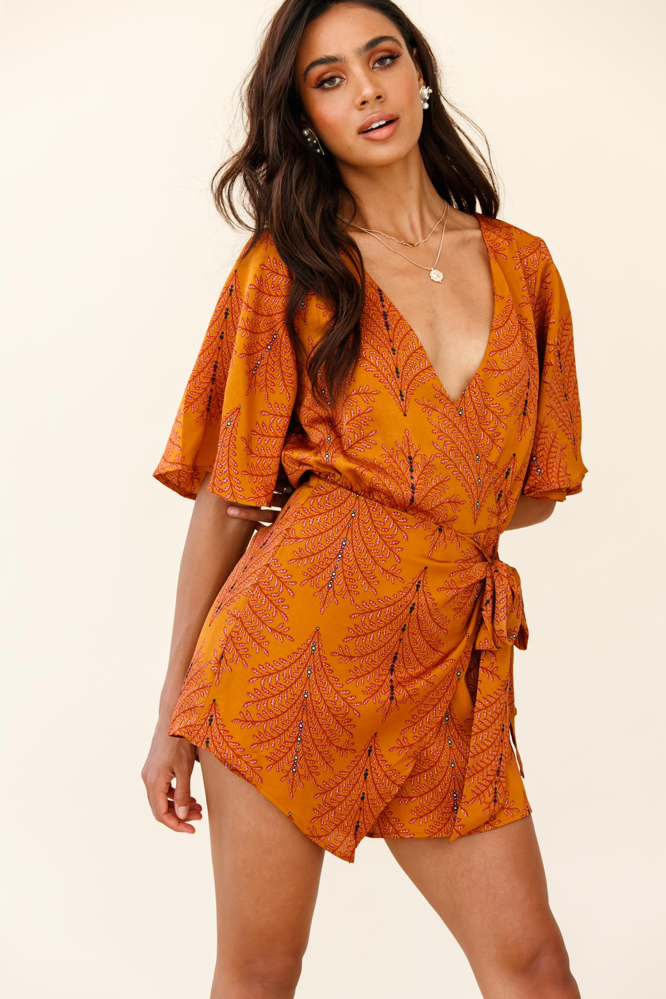 Nadi V-Neckline Wrap Romper Leaf Print Mustard-Maymioy