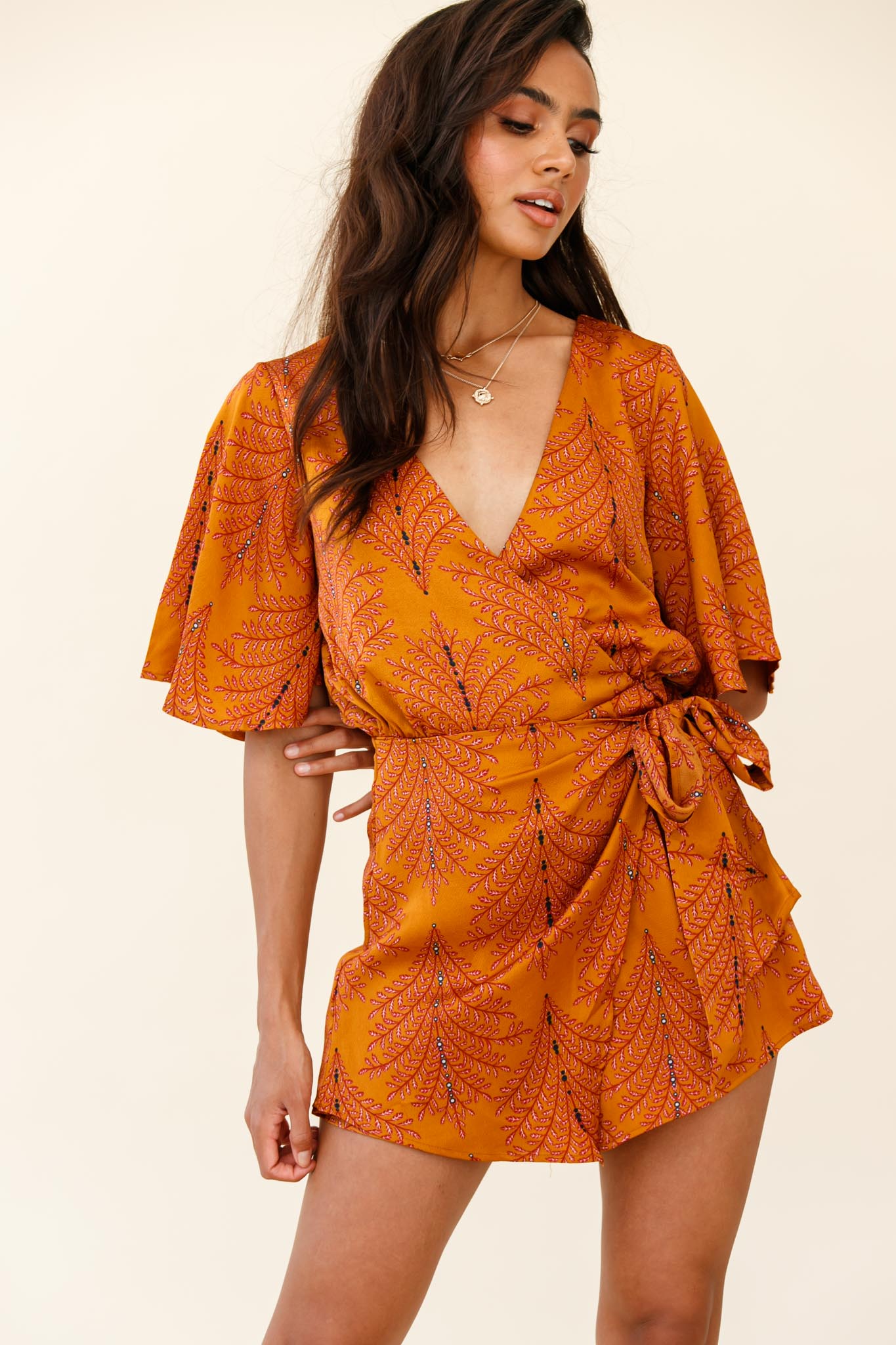 Nadi V-Neckline Wrap Romper Leaf Print Mustard-Maymioy