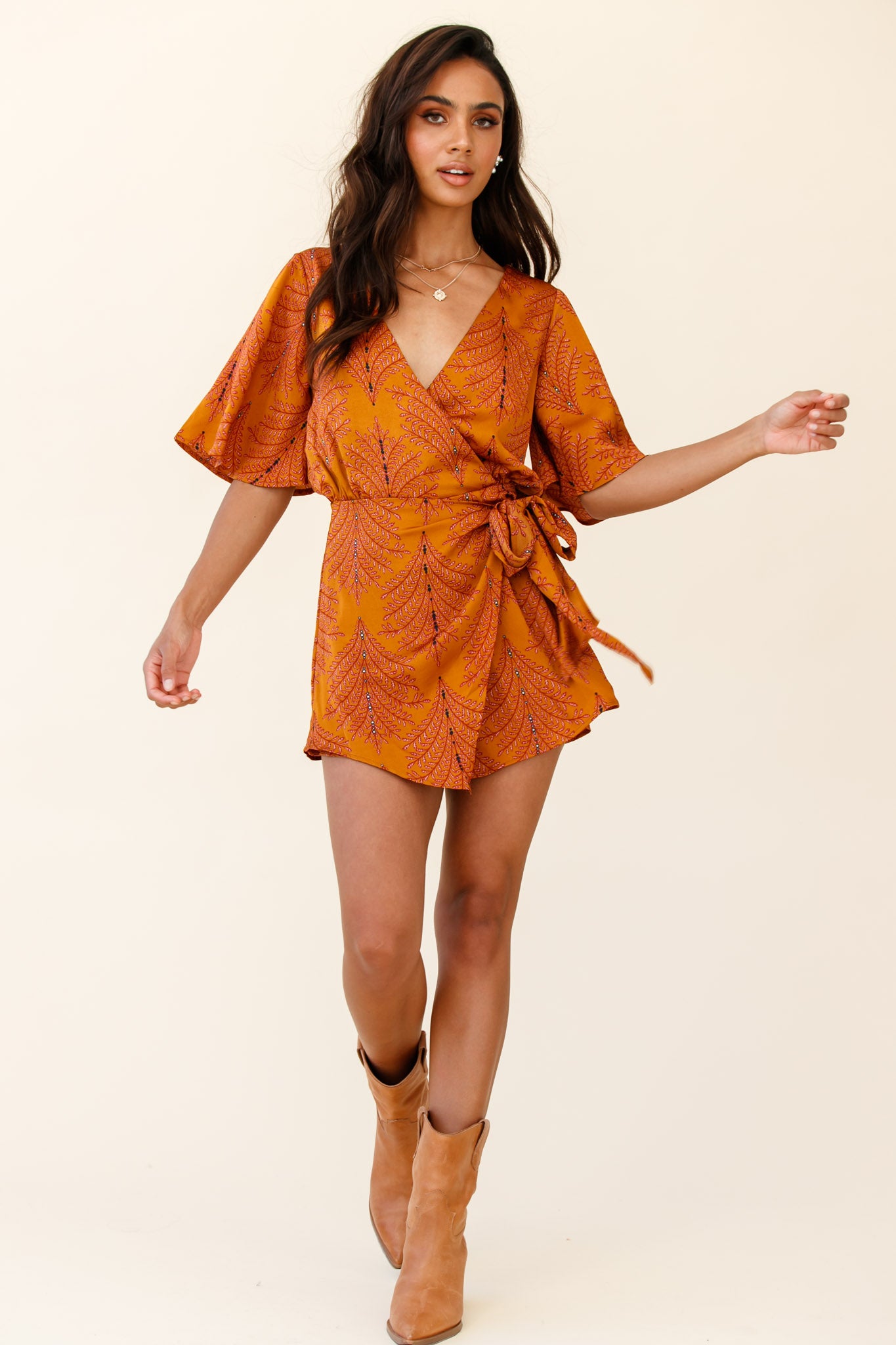 Nadi V-Neckline Wrap Romper Leaf Print Mustard-Maymioy