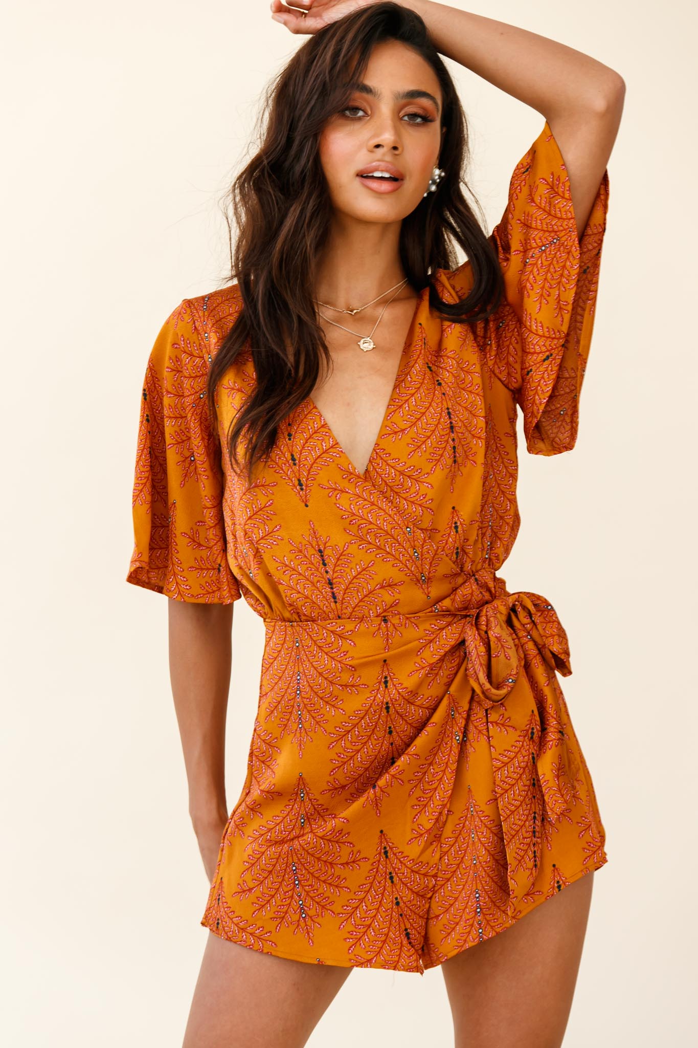Nadi V-Neckline Wrap Romper Leaf Print Mustard-Maymioy