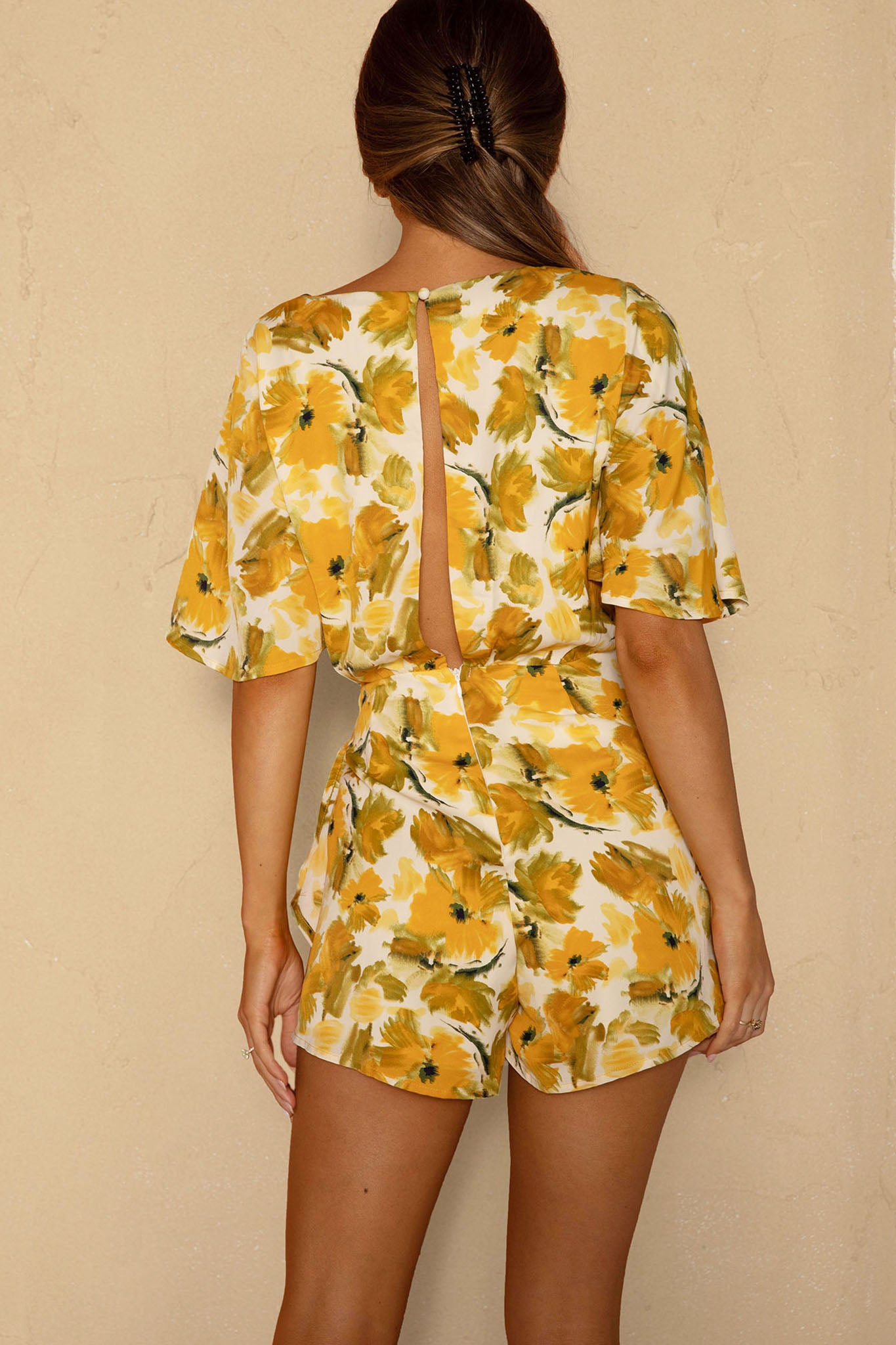 Nadi V-Neckline Wrap Romper Flower Paint Print Yellow-Maymioy