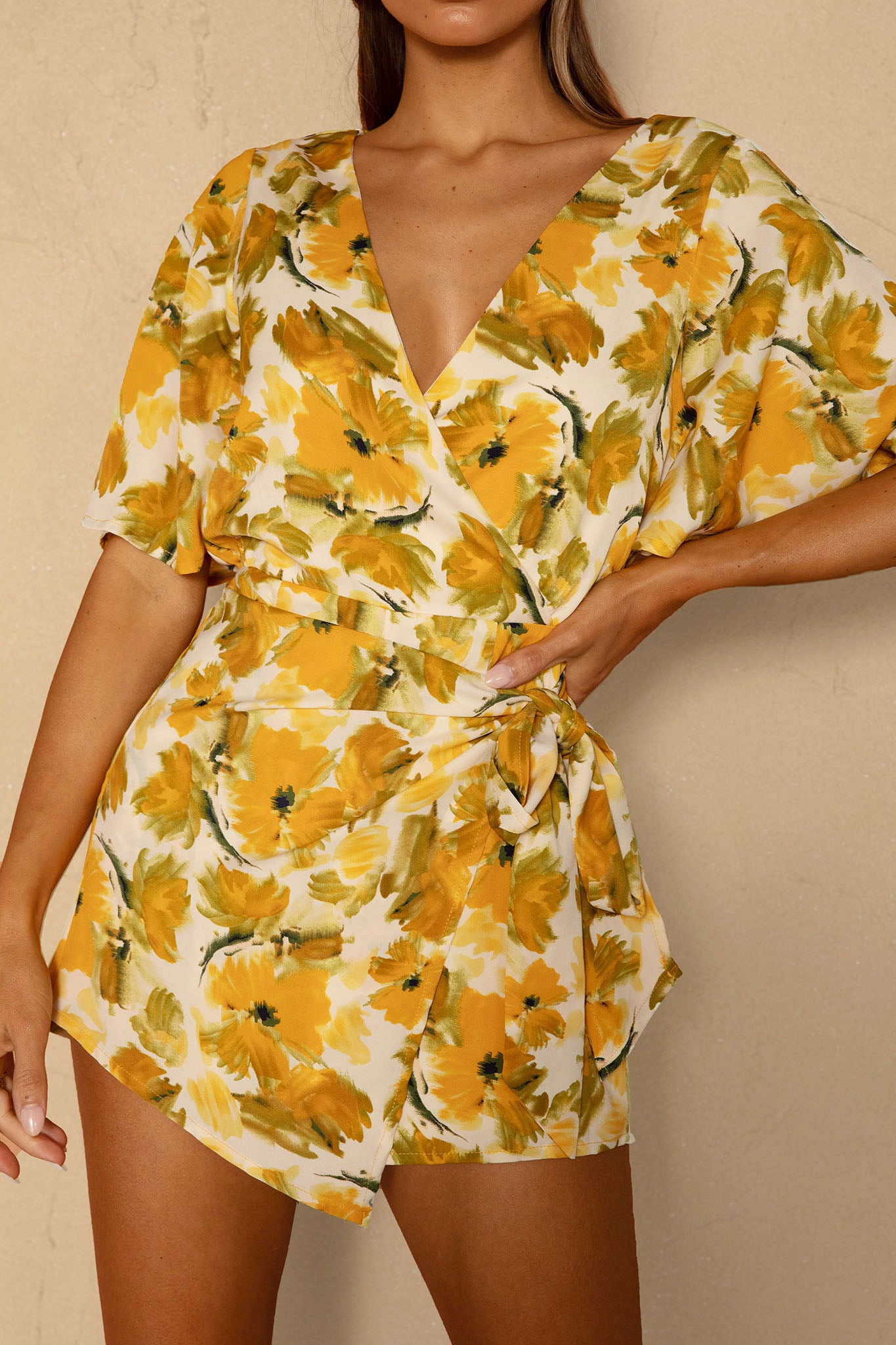 Nadi V-Neckline Wrap Romper Flower Paint Print Yellow-Maymioy