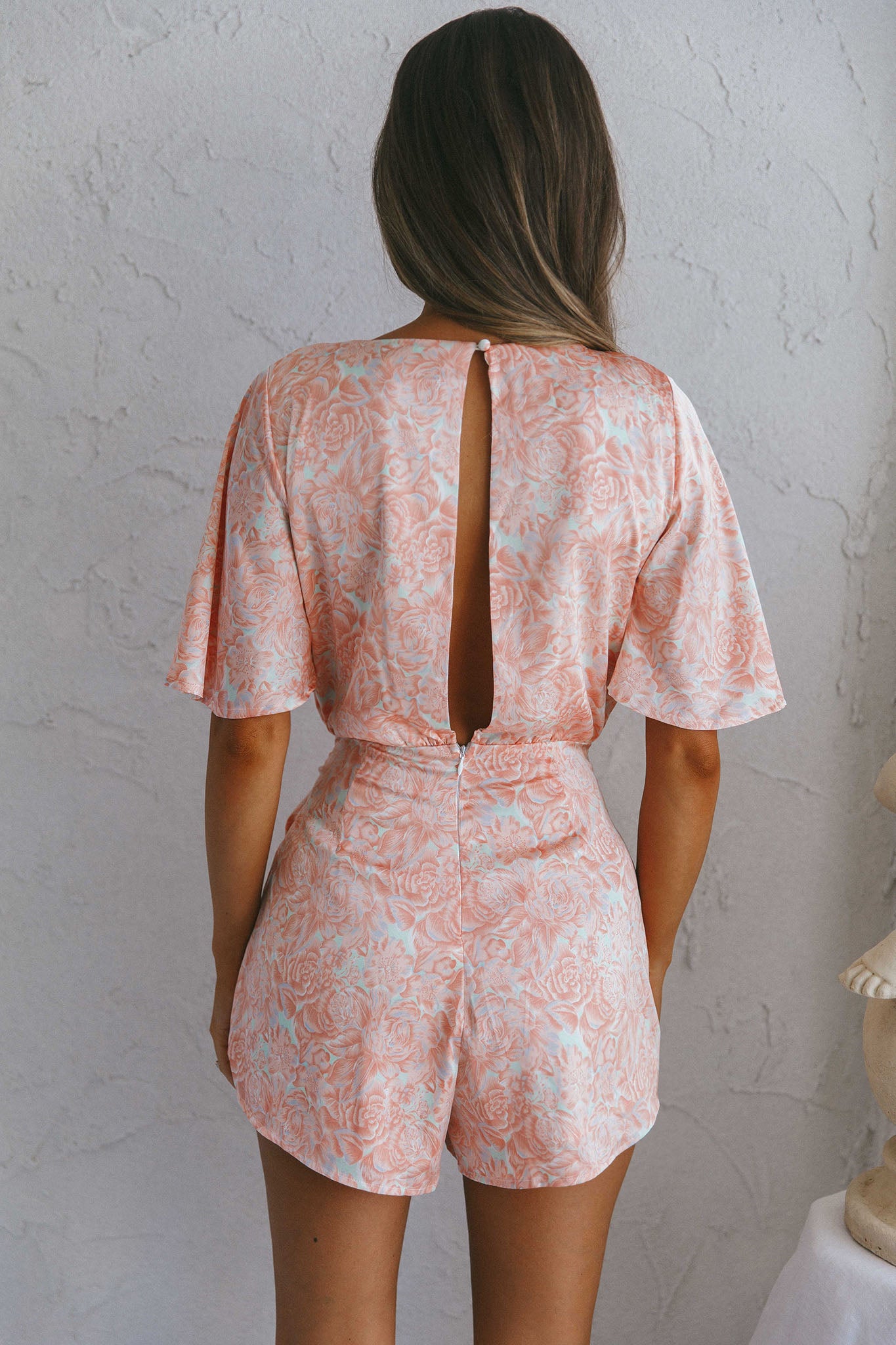 Nadi V-Neckline Wrap Romper Flower Paint Print Pink-Maymioy