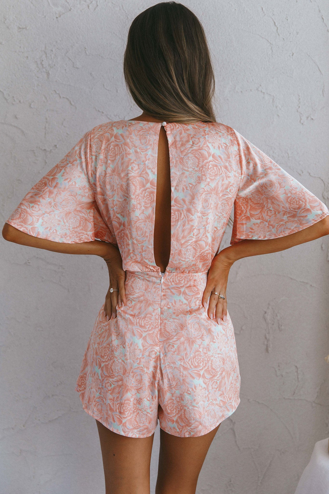 Nadi V-Neckline Wrap Romper Flower Paint Print Pink-Maymioy