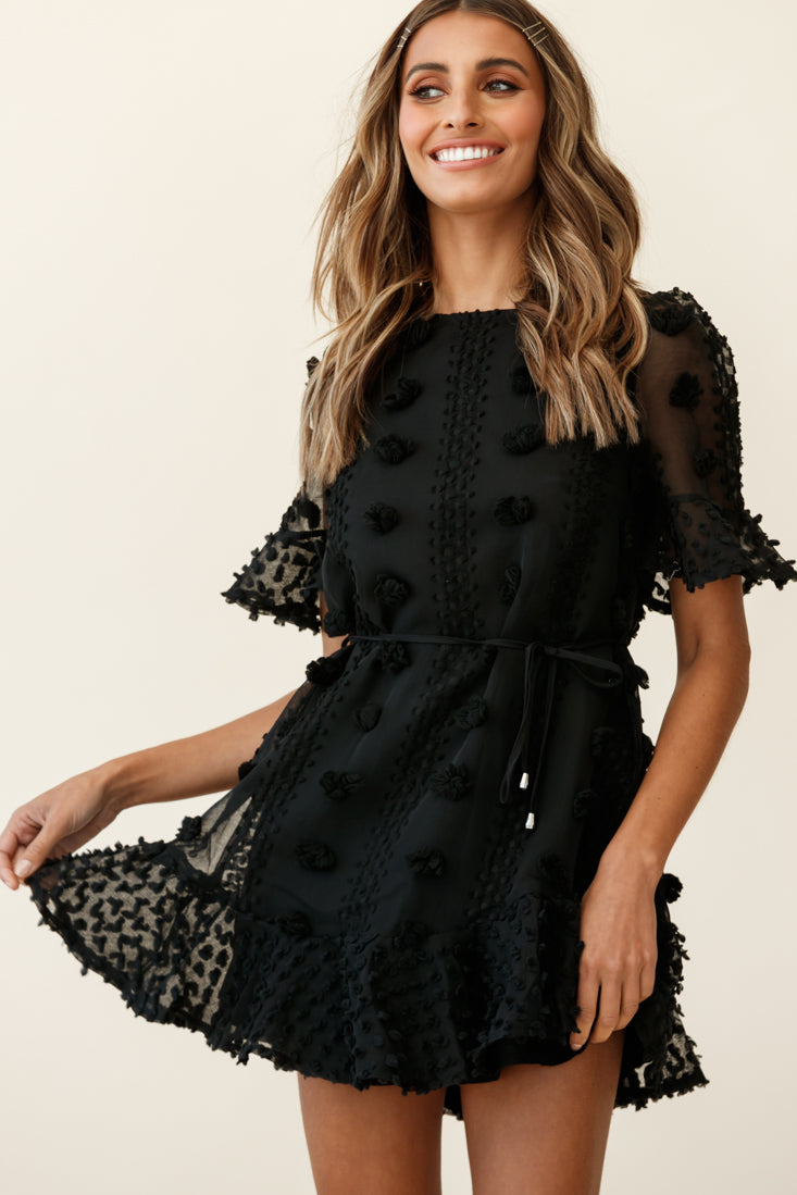 Maleny Embellished Fluted Hem Dress Black-Maymioy