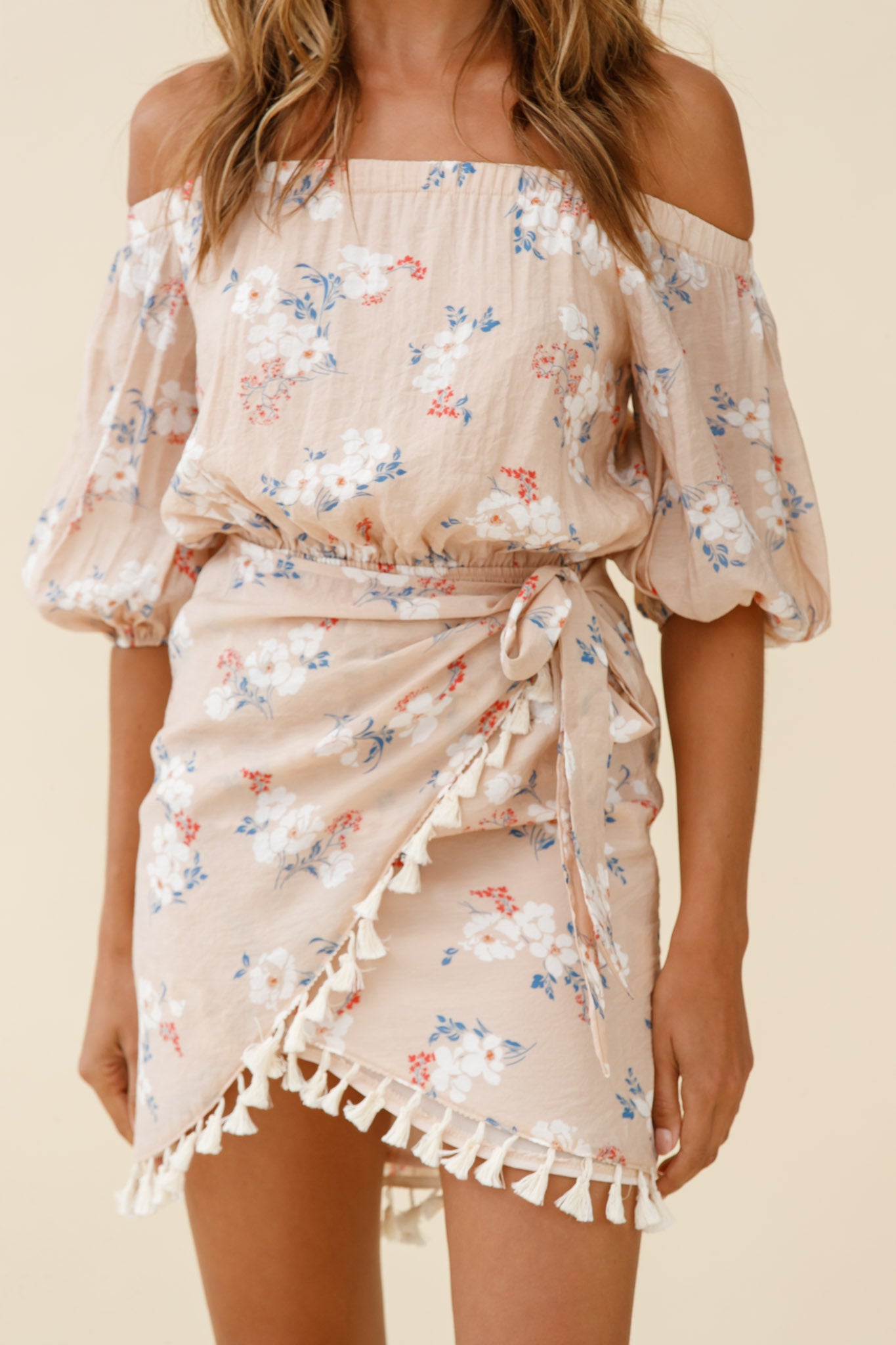 Cayman Tassel Trim Wrap Dress Floral Print Mocha-Maymioy