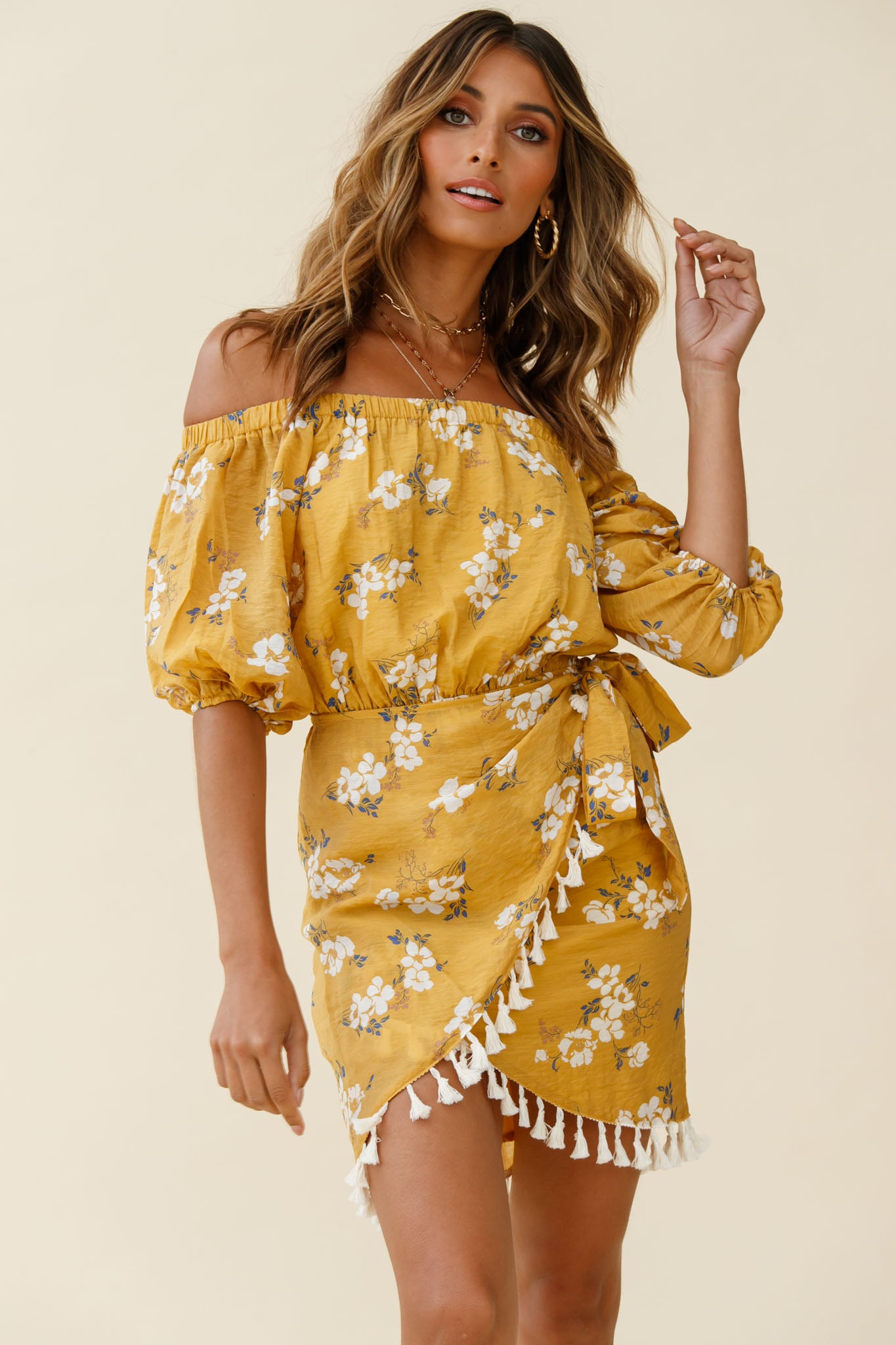 Cayman Tassel Trim Wrap Dress Floral Print Mustard-Maymioy