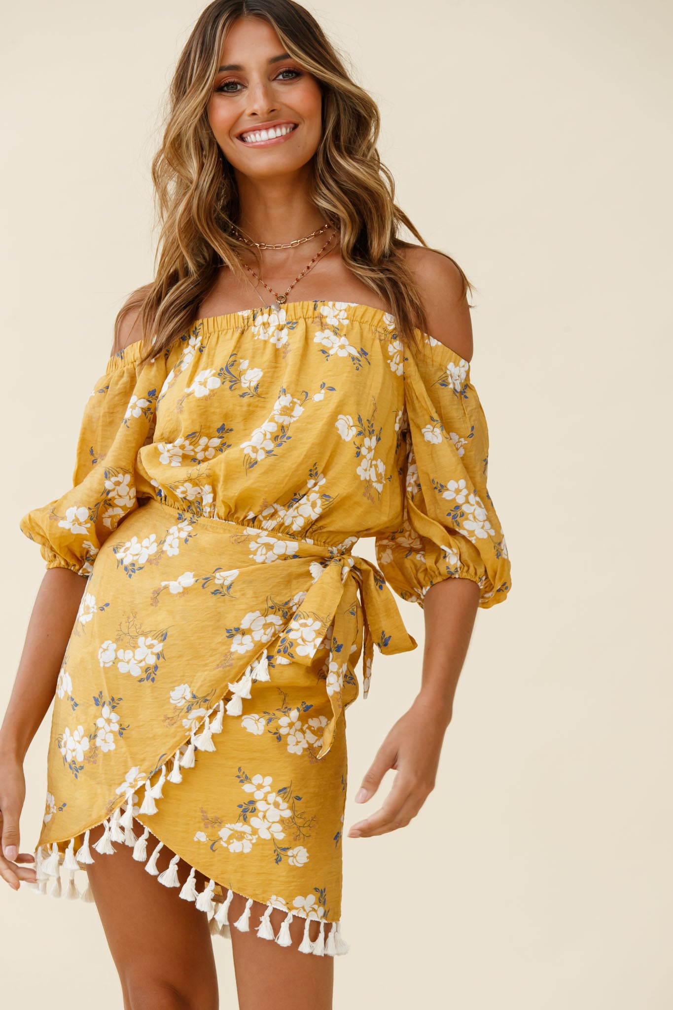 Cayman Tassel Trim Wrap Dress Floral Print Mustard-Maymioy
