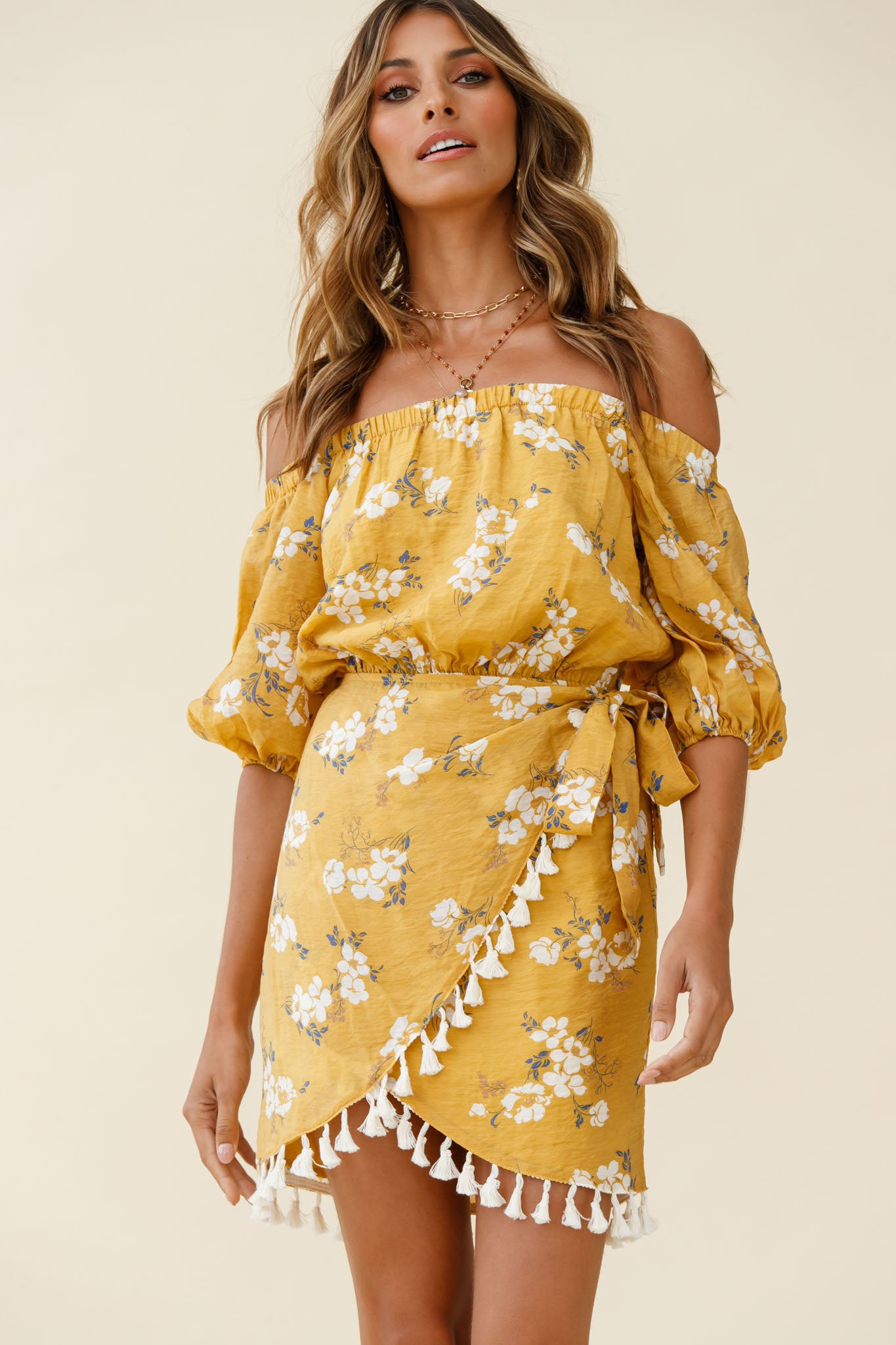 Cayman Tassel Trim Wrap Dress Floral Print Mustard-Maymioy