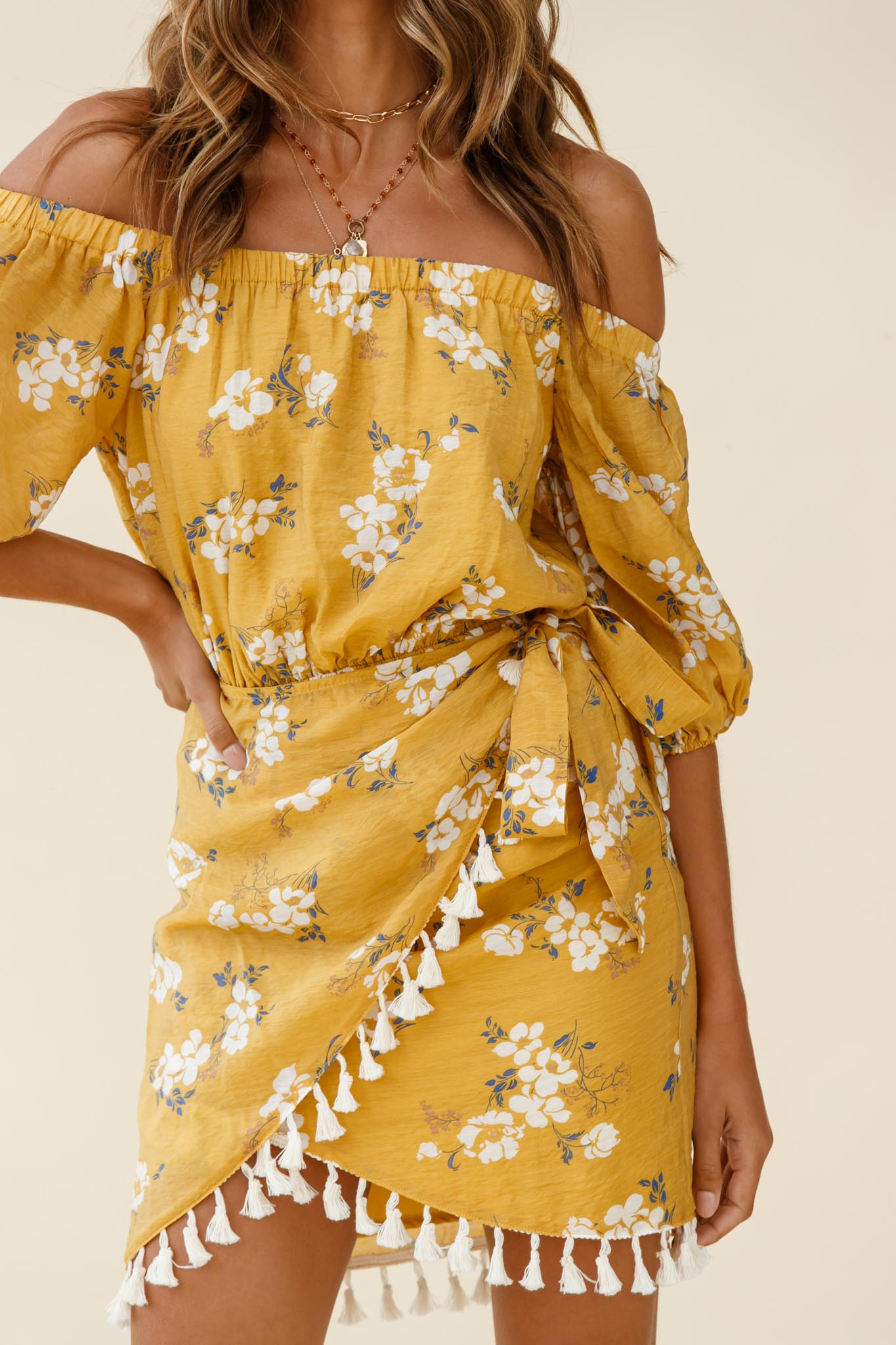 Cayman Tassel Trim Wrap Dress Floral Print Mustard-Maymioy