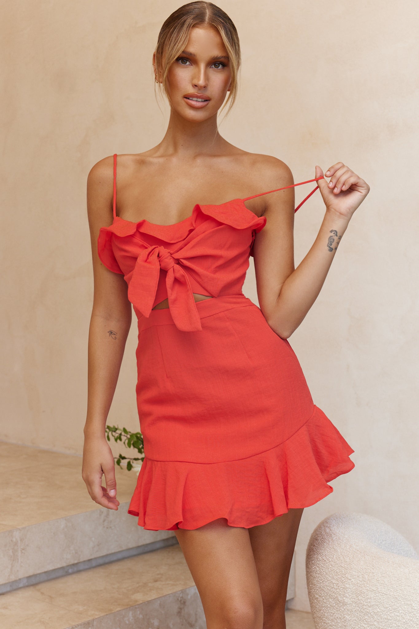 Pico Tied-Knot Bust Ruffle Dress Red-Maymioy