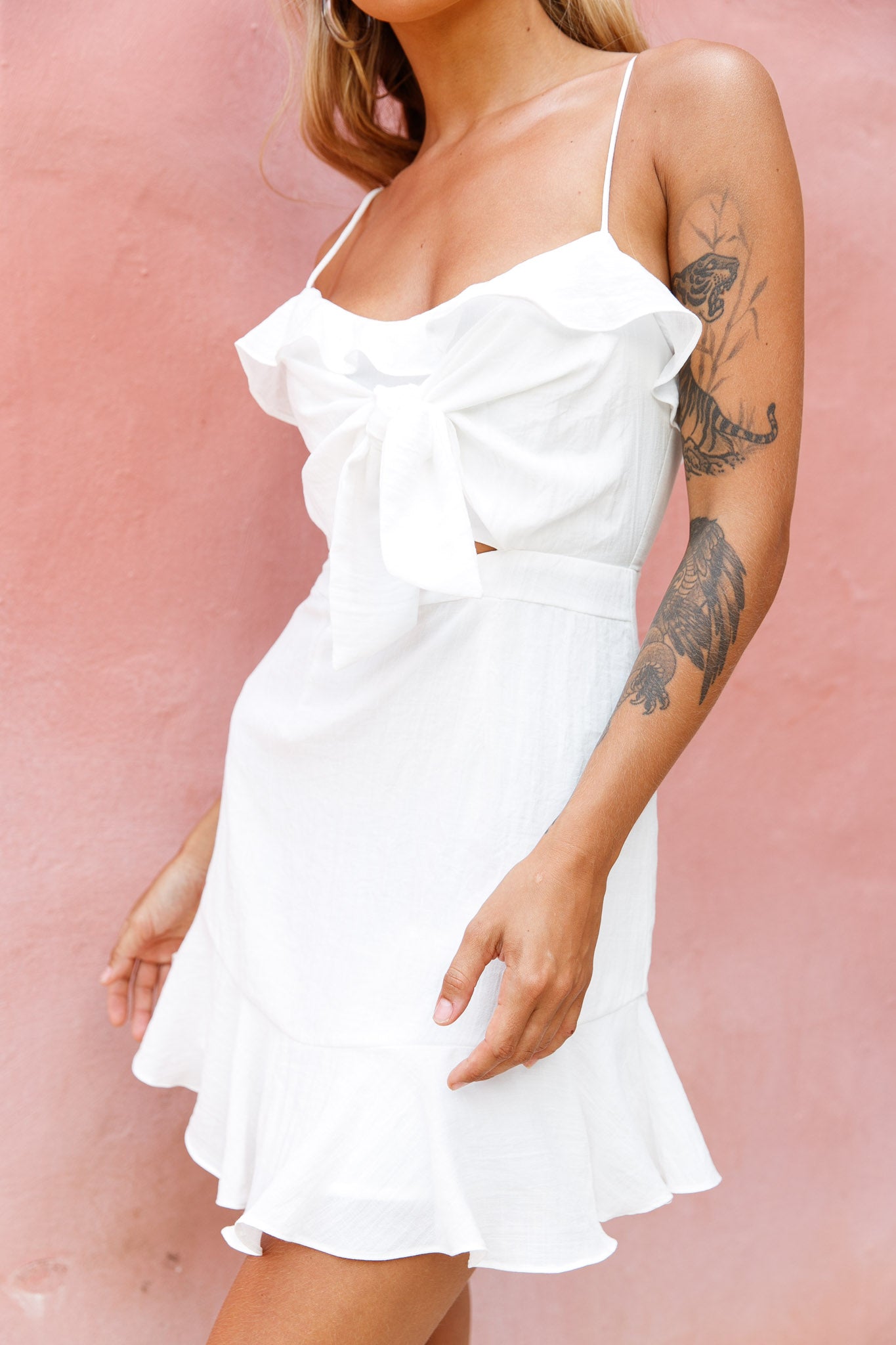 Pico Tied-Knot Bust Ruffle Dress White-Maymioy