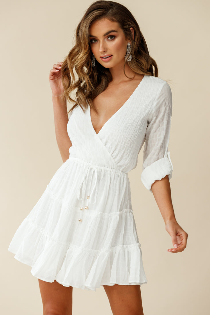 Bostyn Adjustable Sleeve Drawstring Waist Dress White-Maymioy