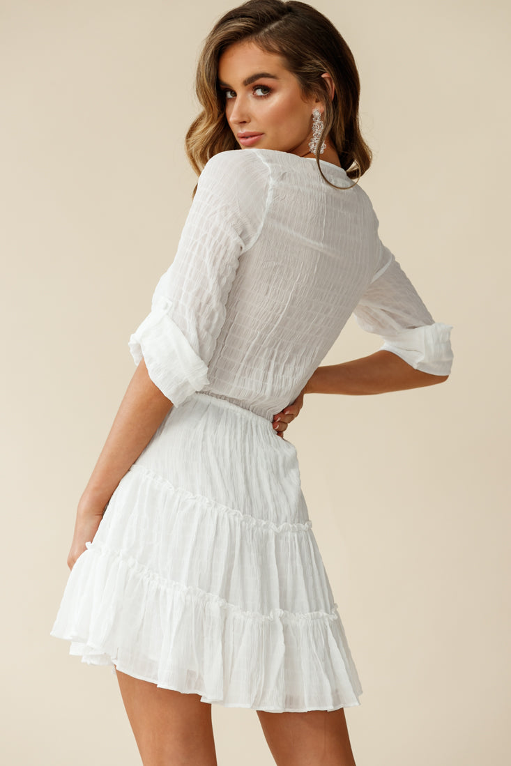 Bostyn Adjustable Sleeve Drawstring Waist Dress White-Maymioy