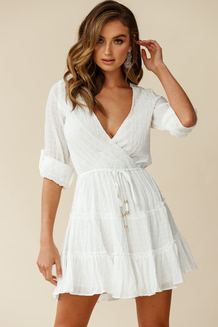 Bostyn Adjustable Sleeve Drawstring Waist Dress White-Maymioy