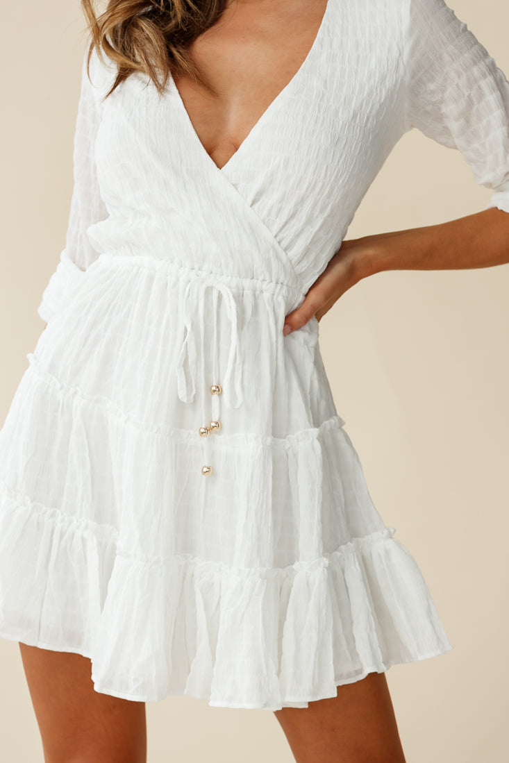 Bostyn Adjustable Sleeve Drawstring Waist Dress White-Maymioy