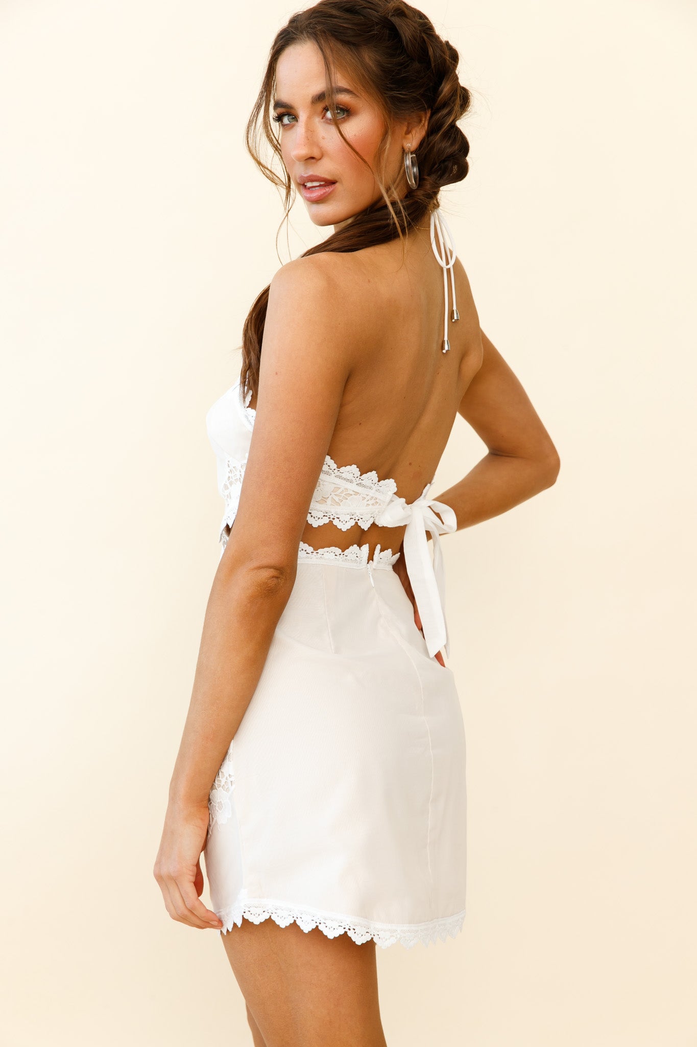 Significant Other Crochet Trim Halterneck Crop Top White-Maymioy