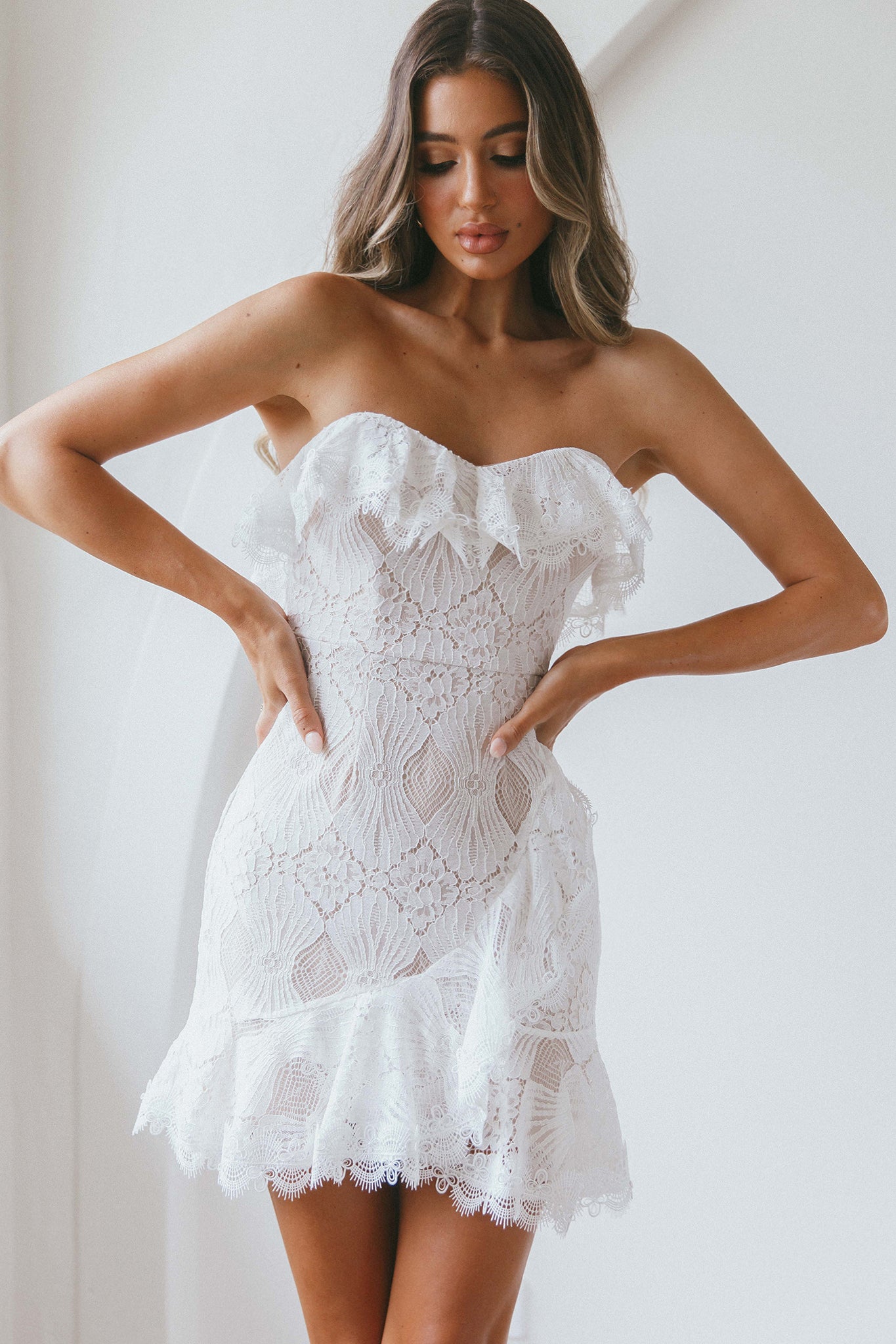 September Lace Mini Dress White-Maymioy