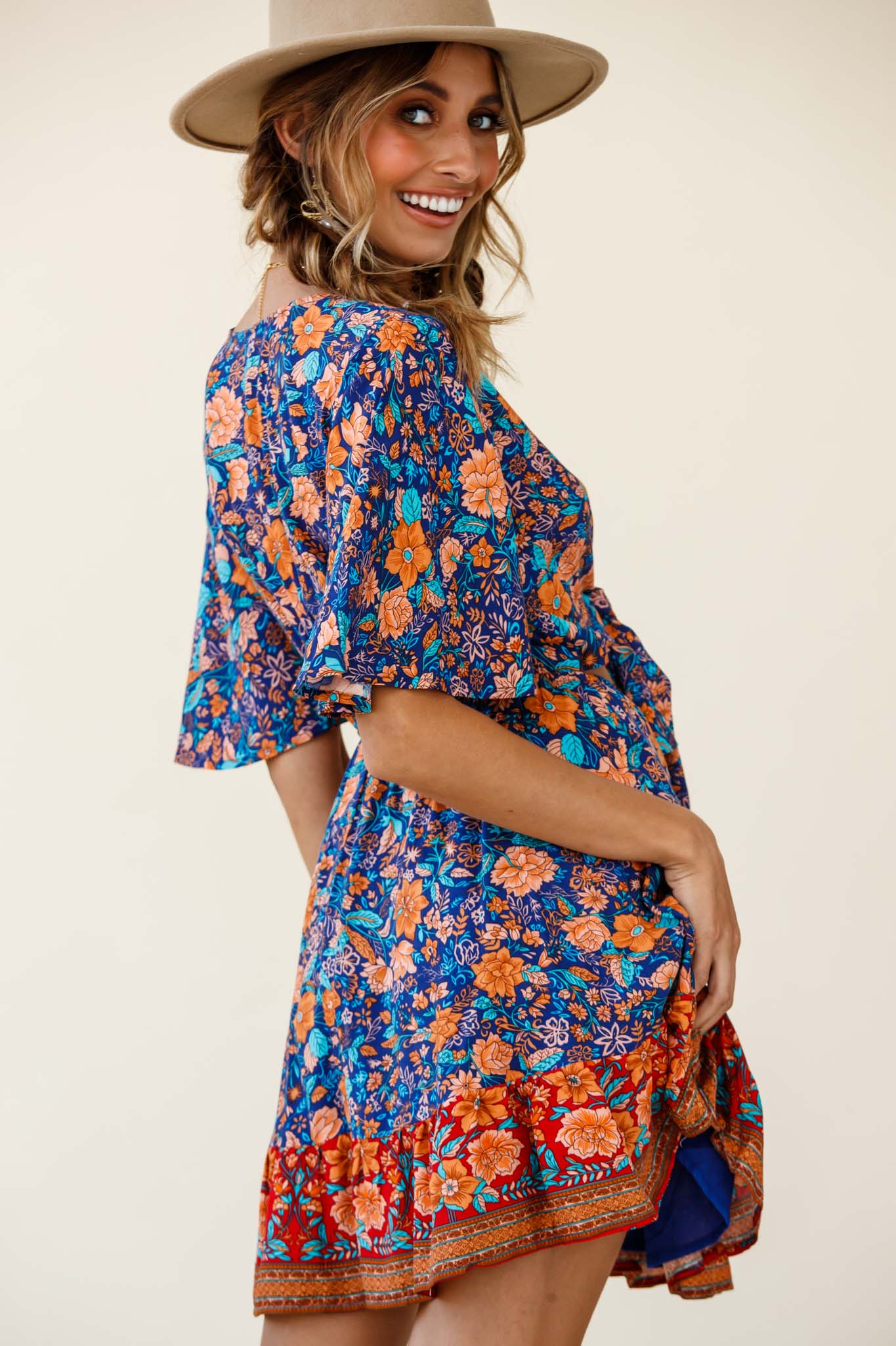 Suva Tie-Knot Bust A-Line Dress Floral Print Navy-Maymioy