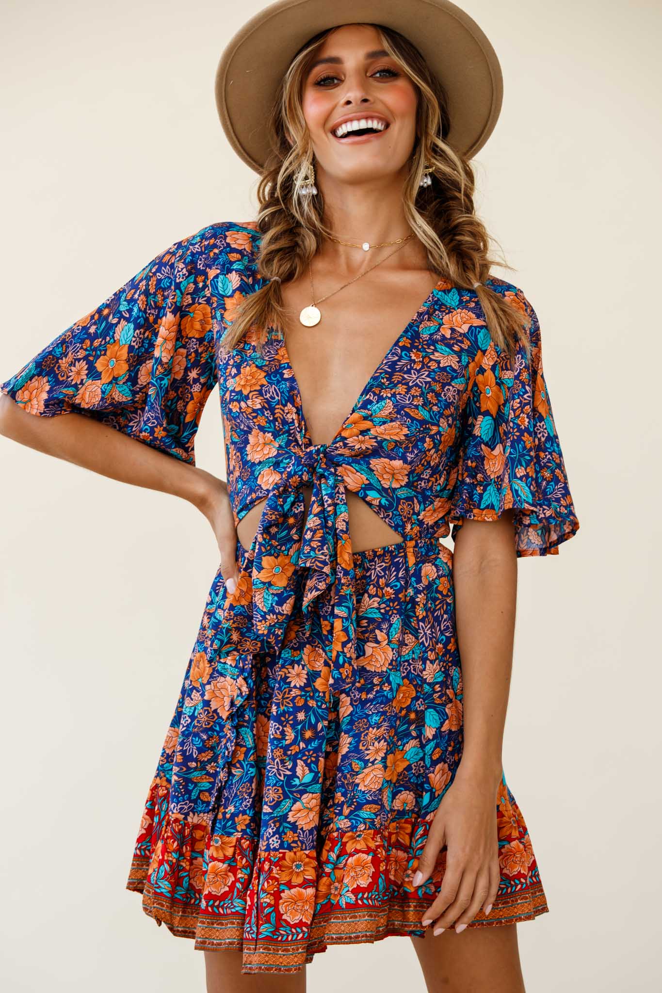 Suva Tie-Knot Bust A-Line Dress Floral Print Navy-Maymioy