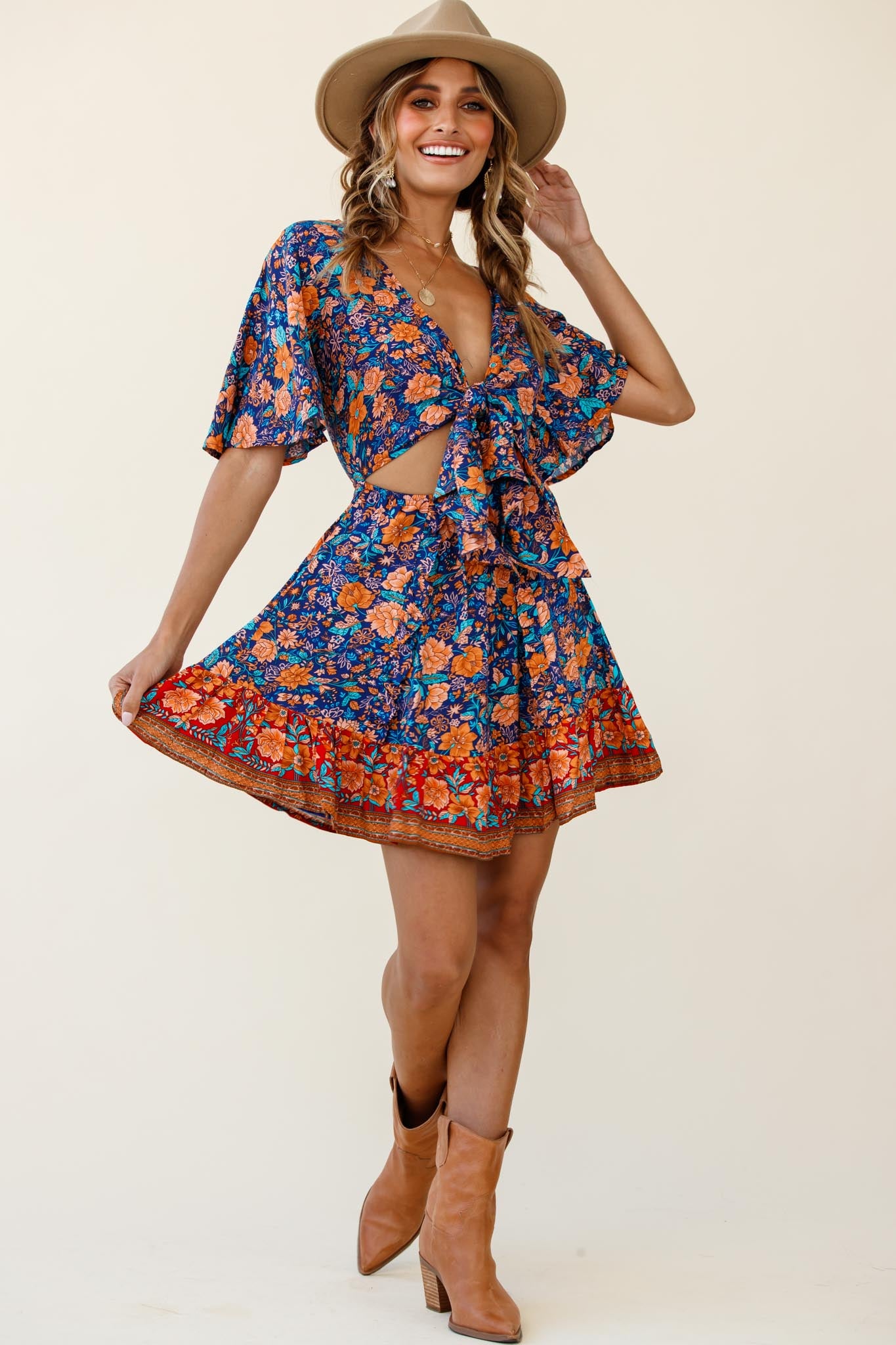 Suva Tie-Knot Bust A-Line Dress Floral Print Navy-Maymioy