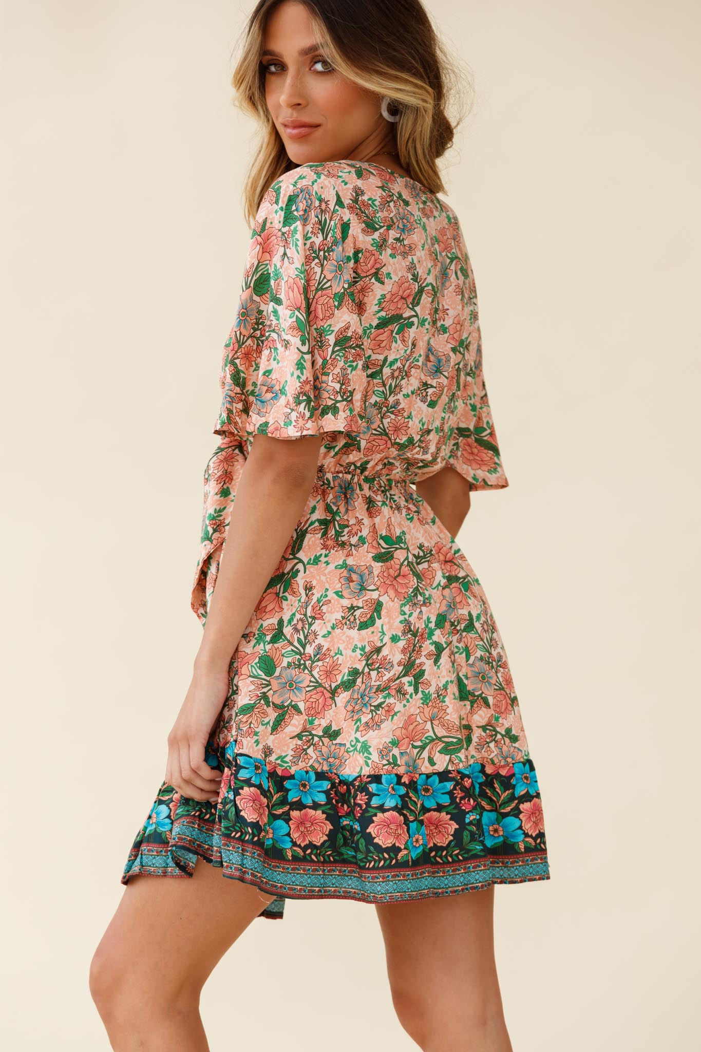 Suva Tie-Knot Bust A-Line Dress Botanic Print Nude-Maymioy