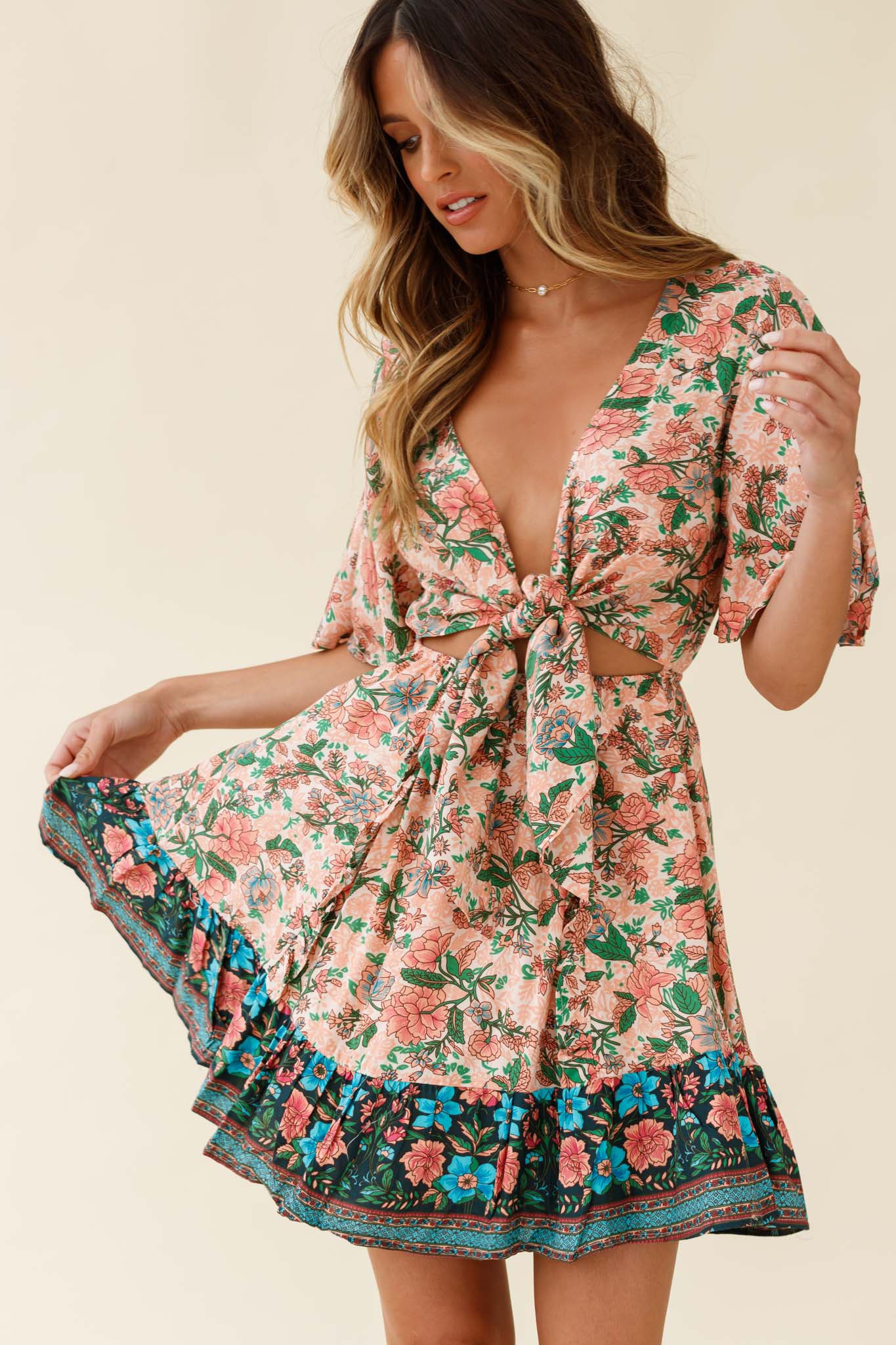 Suva Tie-Knot Bust A-Line Dress Botanic Print Nude-Maymioy
