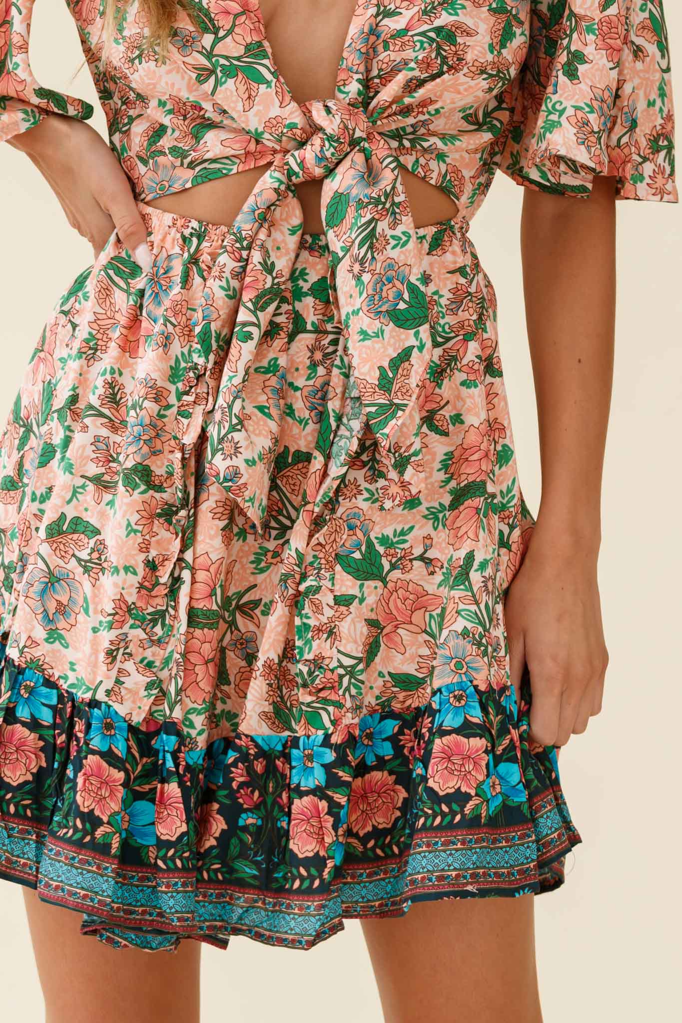 Suva Tie-Knot Bust A-Line Dress Botanic Print Nude-Maymioy