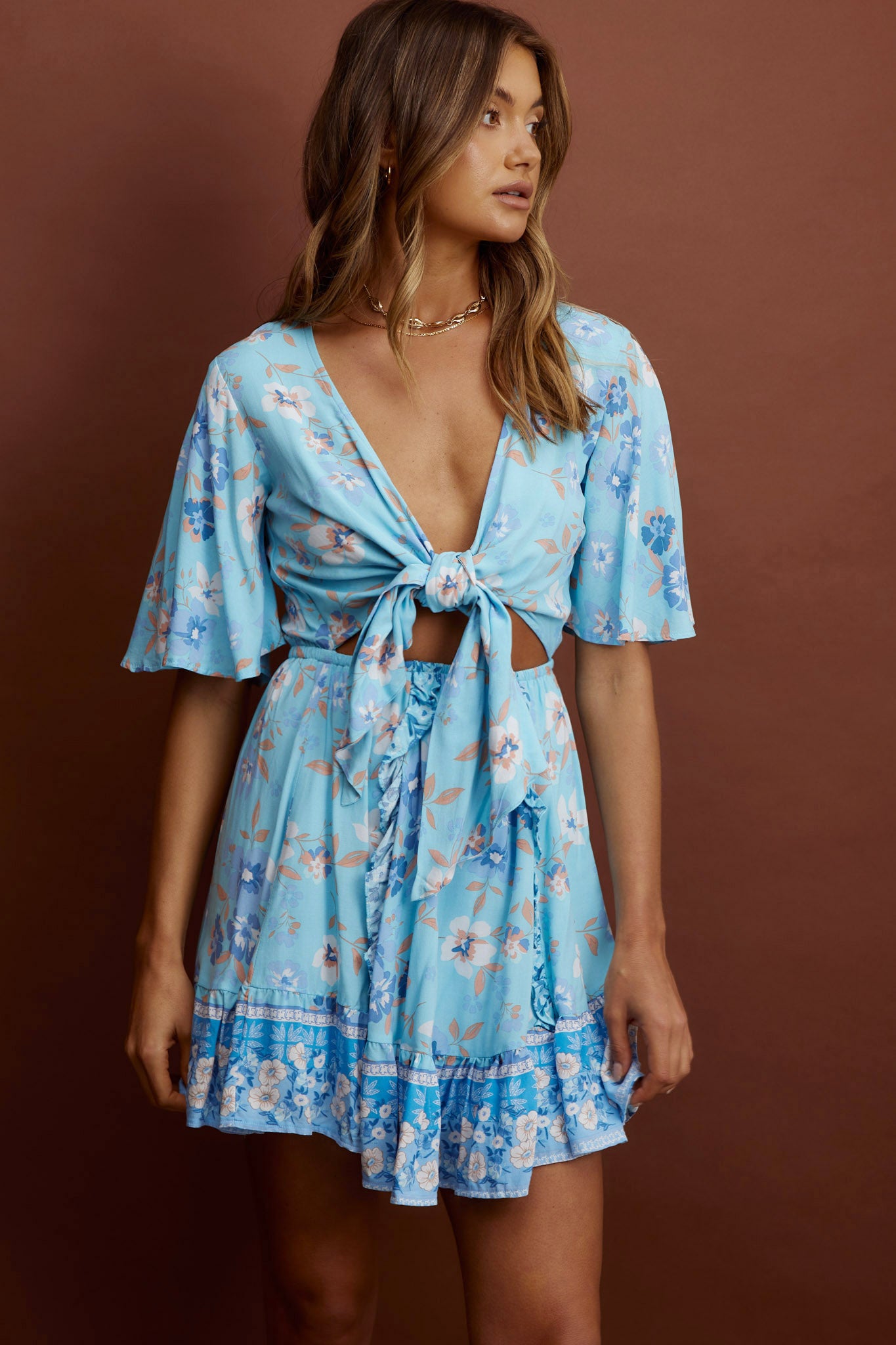 Suva Tie-Knot Bust A-Line Dress Floral Blue-Maymioy